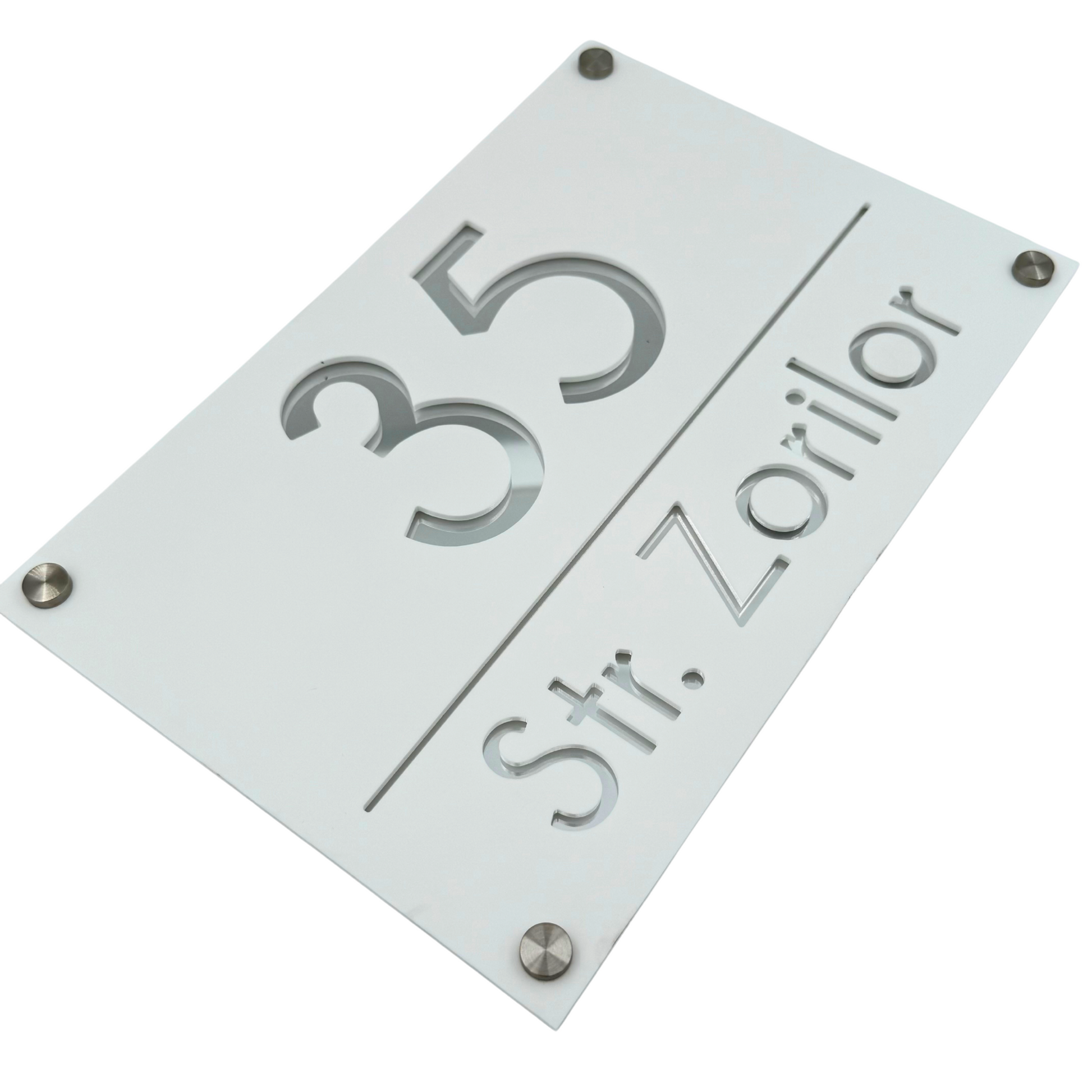 PREMIUM HOUSE NUMBER - White Satin Silver Mirror 4 Spacers Silver - 30×20 cm