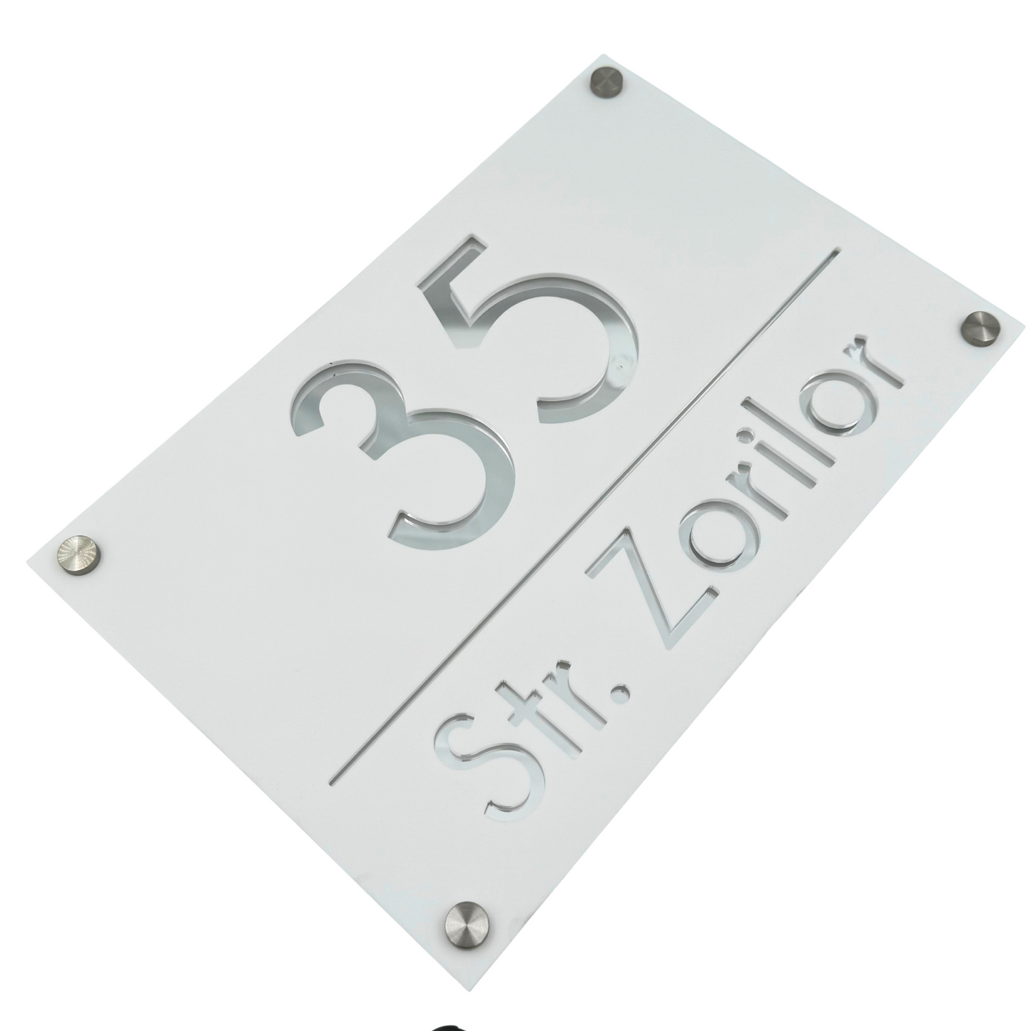 PREMIUM HOUSE NUMBER - White Satin Silver Mirror 4 Spacers Silver - 30×20 cm