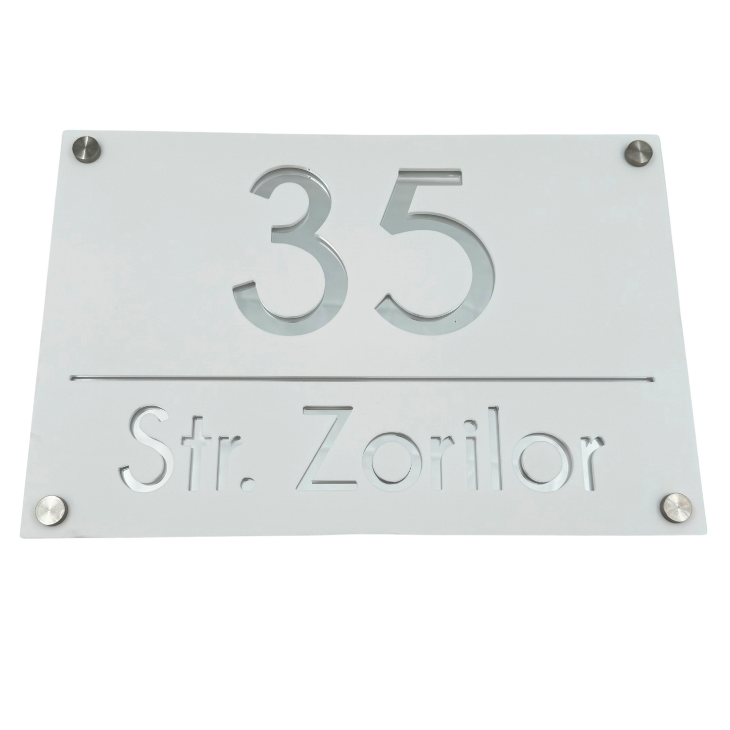 PREMIUM HOUSE NUMBER - White Satin Silver Mirror 4 Spacers Silver - 30×20 cm
