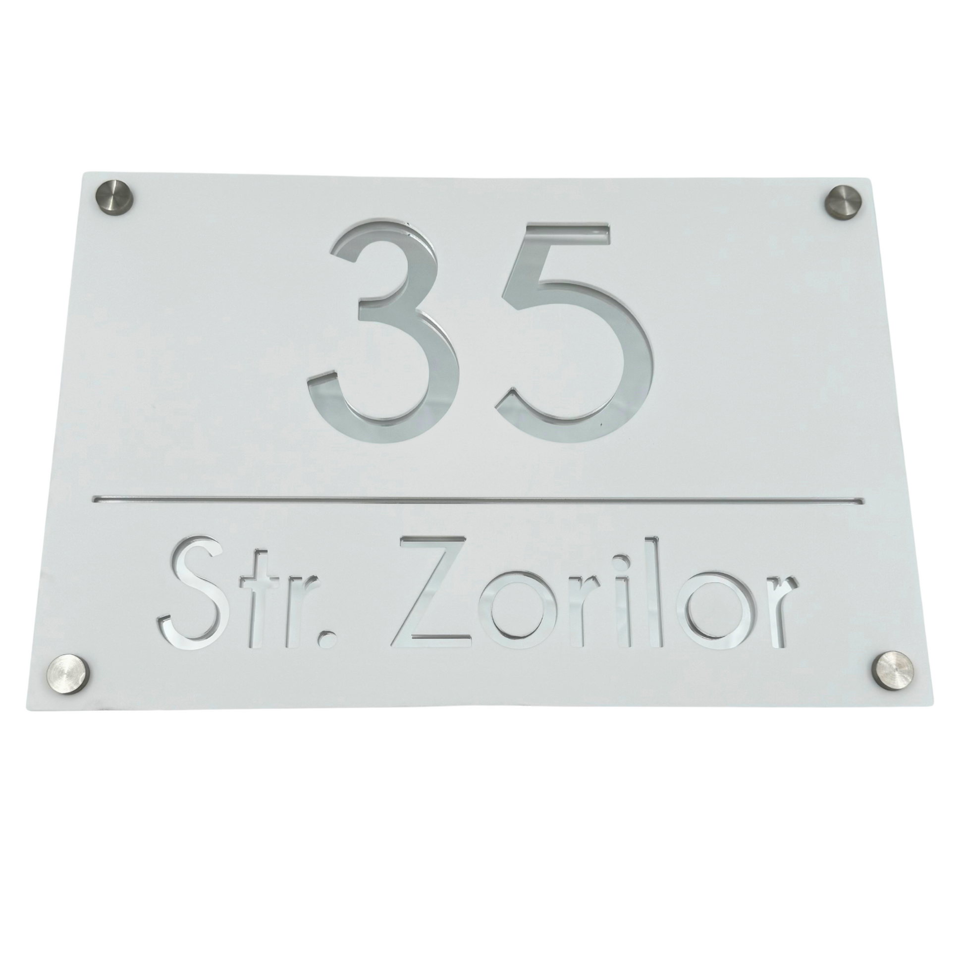 PREMIUM HOUSE NUMBER - White Satin Silver Mirror 4 Spacers Silver - 30×20 cm