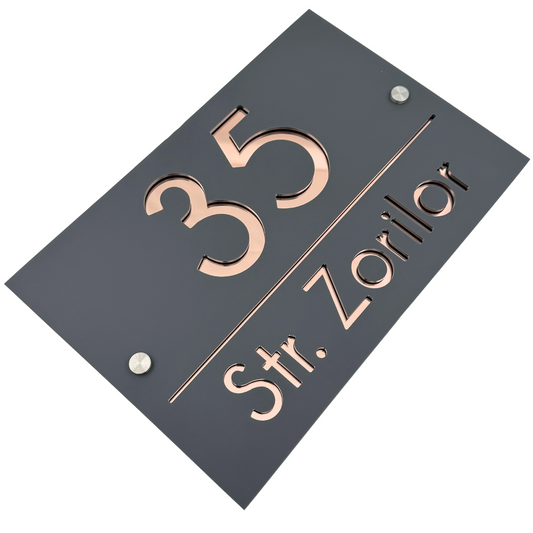 PREMIUM HOUSE NUMBER - Satin Grey Rose Gold Mirror 2 Spacers Silver - 30×20 cm