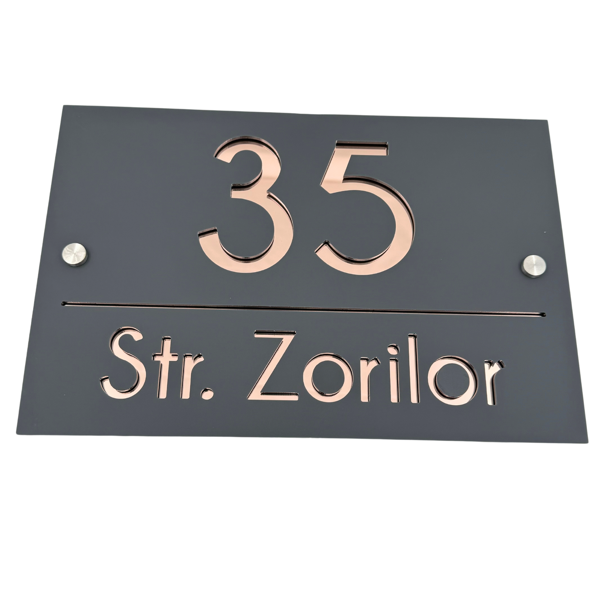 PREMIUM HOUSE NUMBER - Satin Grey Rose Gold Mirror 2 Spacers Silver - 30×20 cm