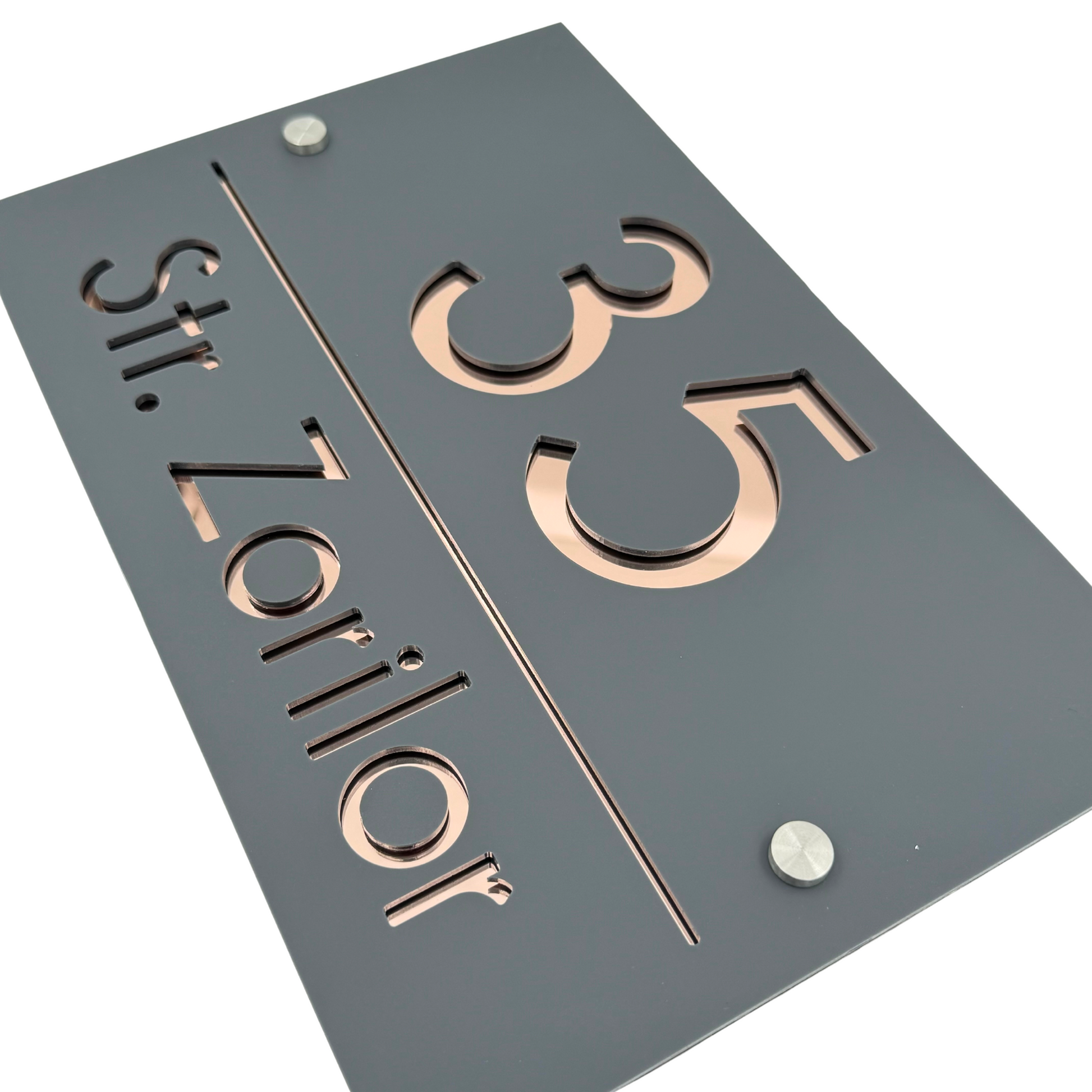 PREMIUM HOUSE NUMBER - Satin Grey Rose Gold Mirror 2 Spacers Silver - 30×20 cm