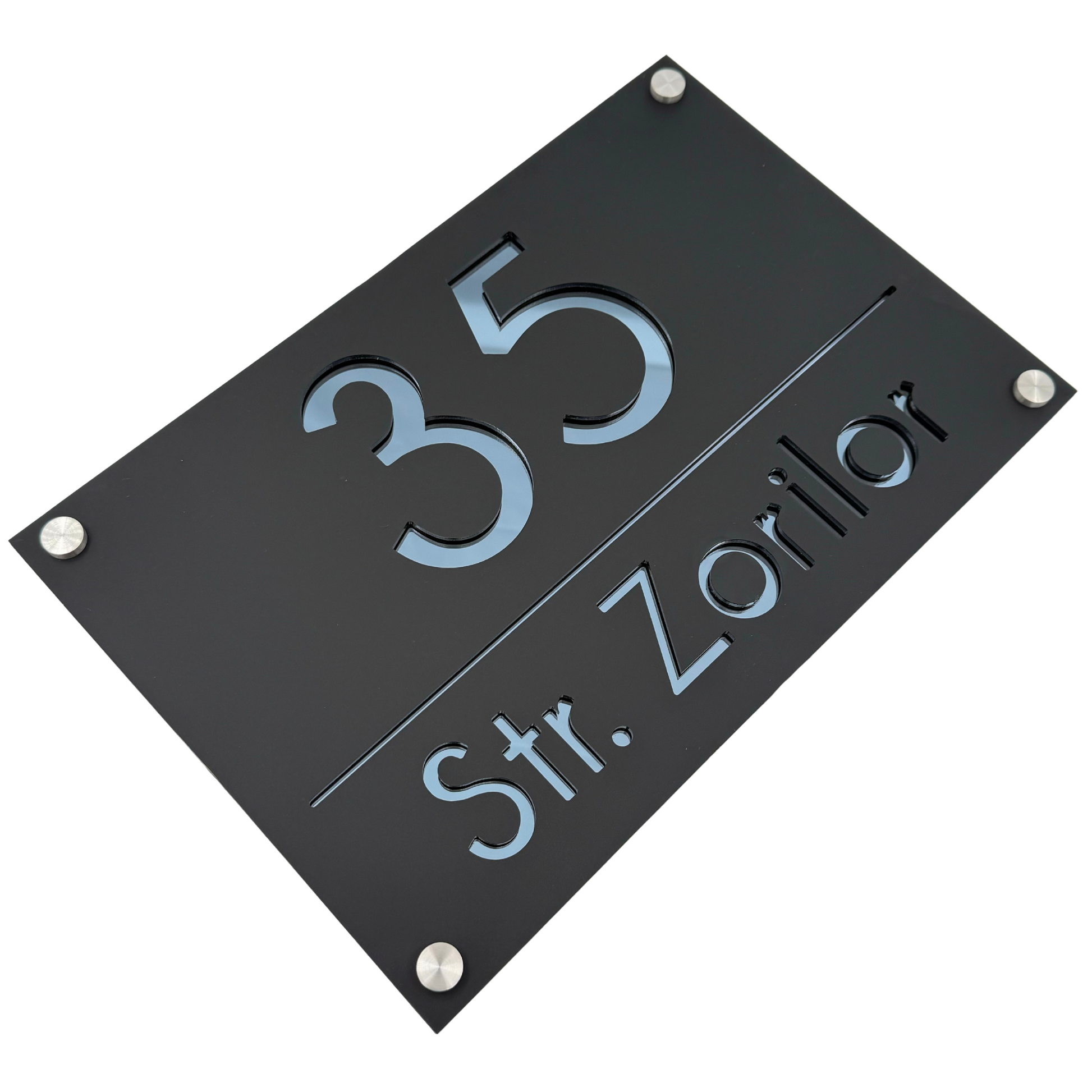 PREMIUM HOUSE NUMBER - Satin Black Anthracite Grey Mirror 4 Spacers Silver - 30×20 cm