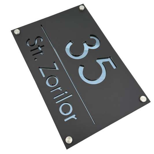PREMIUM HOUSE NUMBER - Satin Black Anthracite Grey Mirror 4 Spacers Silver - 30×20 cm