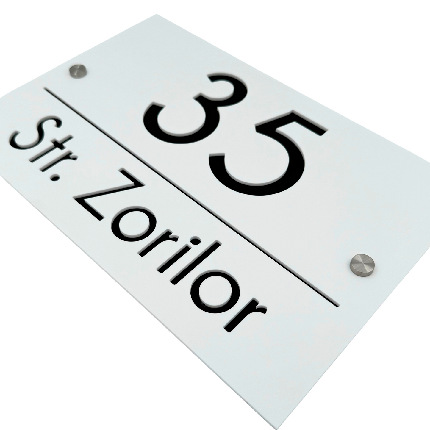 PREMIUM HOUSE NUMBER - White Satin Glossy Black 2 Spacers Silver - 30×20 cm