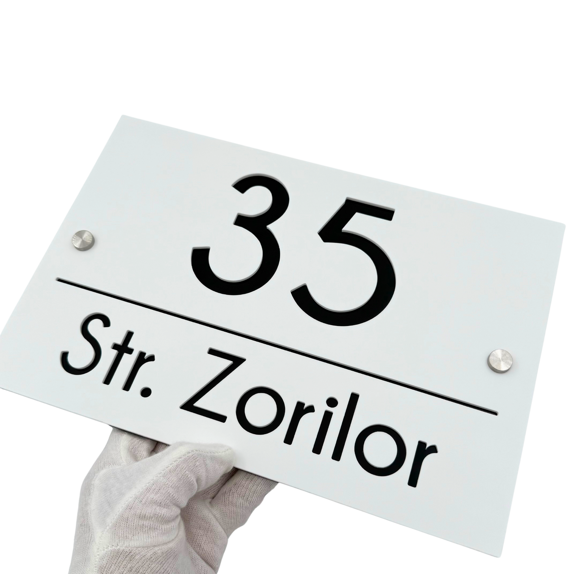 PREMIUM HOUSE NUMBER - White Satin Glossy Black 2 Spacers Silver - 30×20 cm