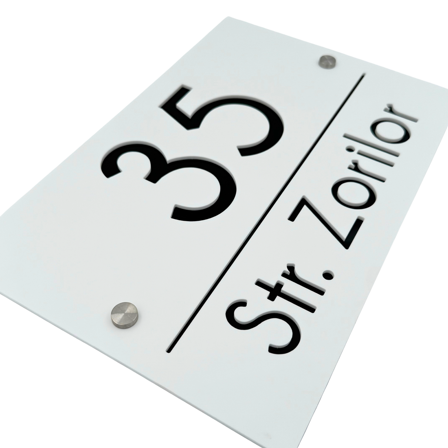 PREMIUM HOUSE NUMBER - White Satin Glossy Black 2 Spacers Silver - 30×20 cm