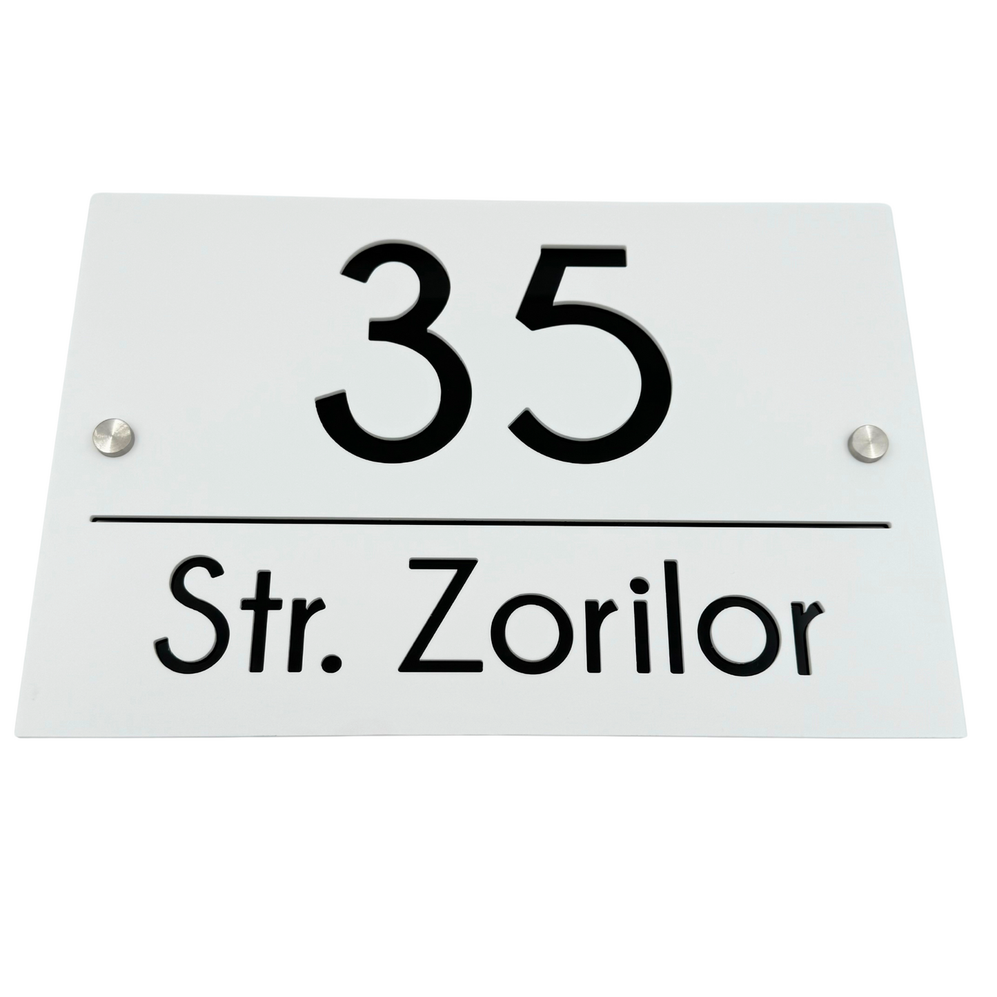 PREMIUM HOUSE NUMBER - White Satin Glossy Black 2 Spacers Silver - 30×20 cm