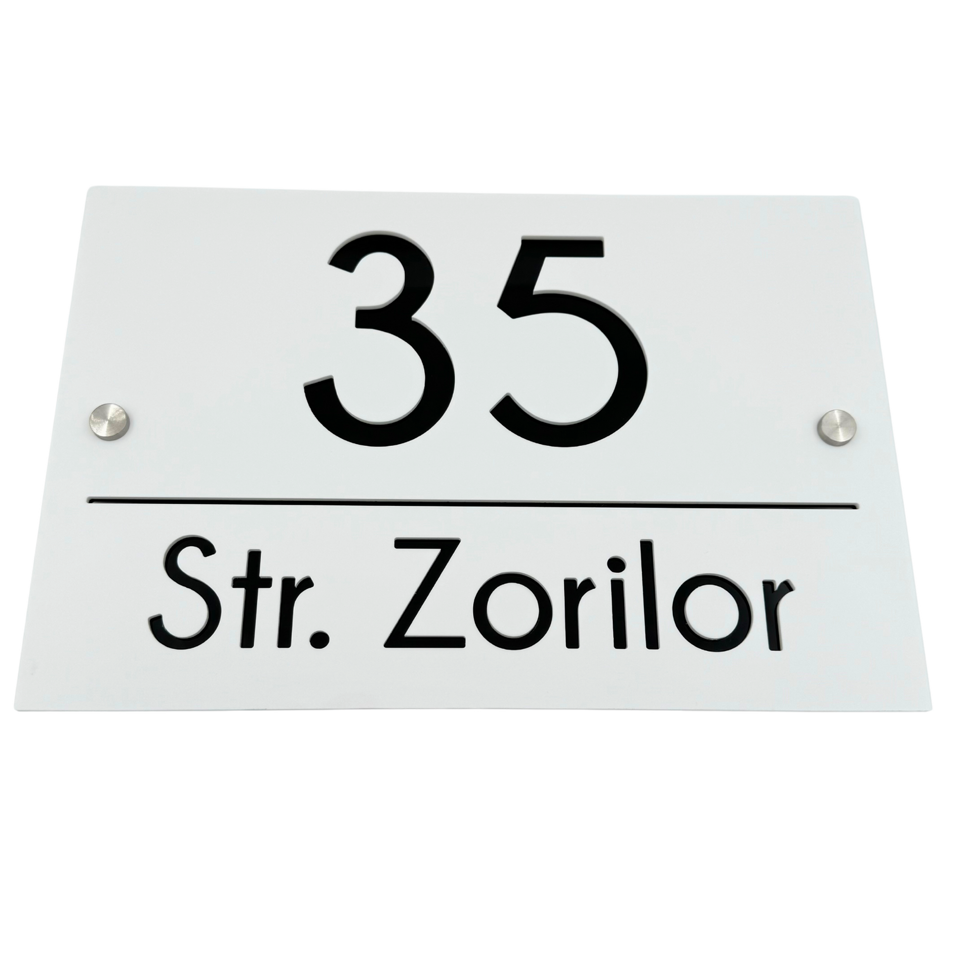 PREMIUM HOUSE NUMBER - White Satin Glossy Black 2 Spacers Silver - 30×20 cm