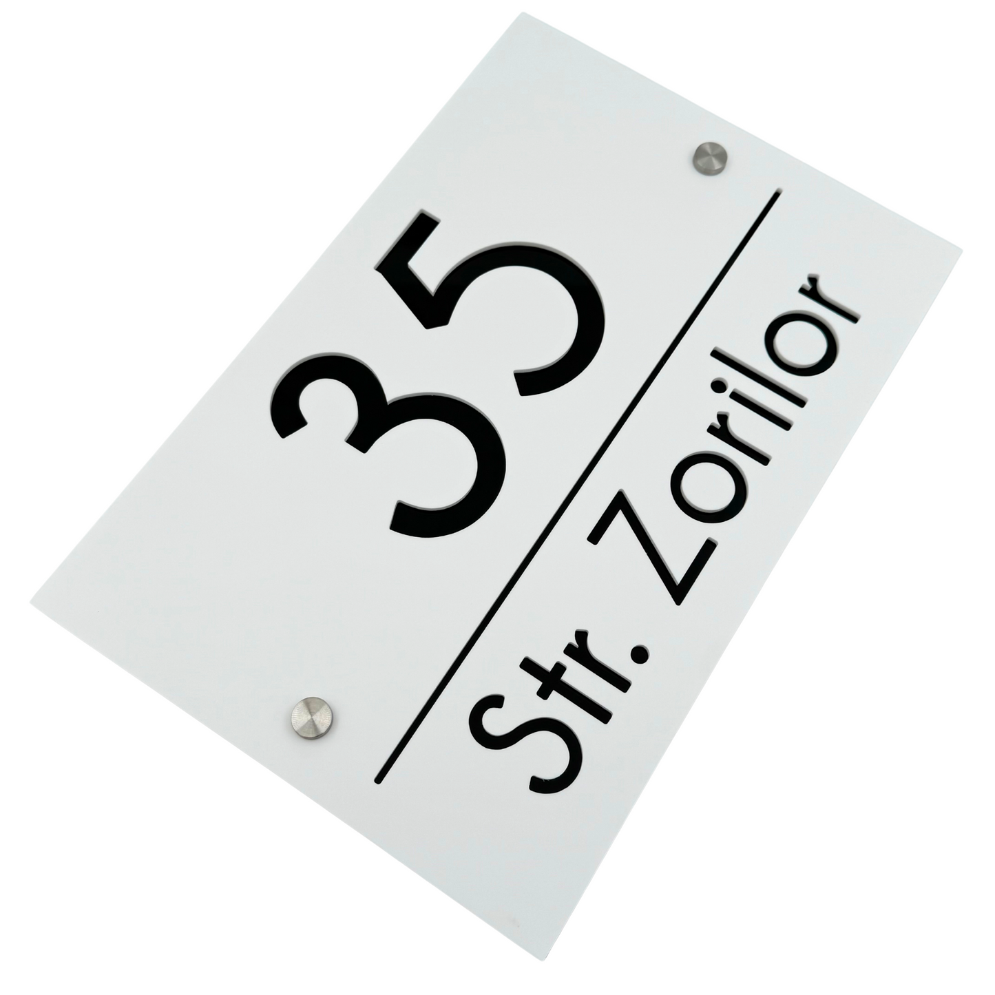 PREMIUM HOUSE NUMBER - White Satin Glossy Black 2 Spacers Silver - 30×20 cm