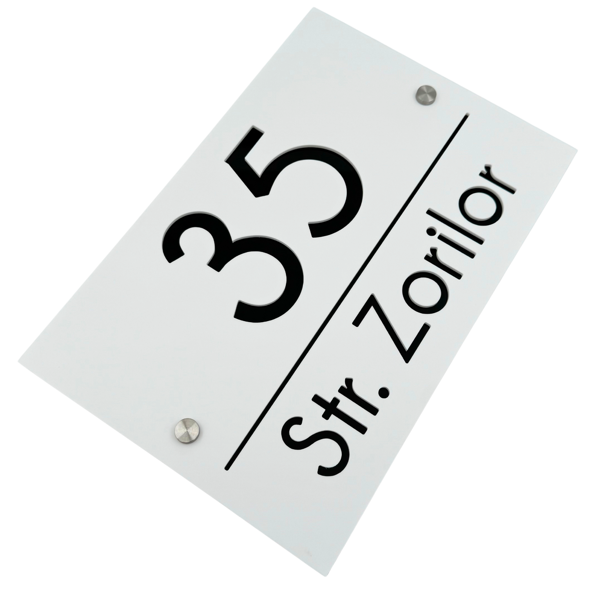 PREMIUM HOUSE NUMBER - White Satin Glossy Black 2 Spacers Silver - 30×20 cm
