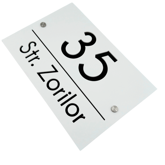 PREMIUM HOUSE NUMBER - White Satin Glossy Black 2 Spacers Silver - 30×20 cm