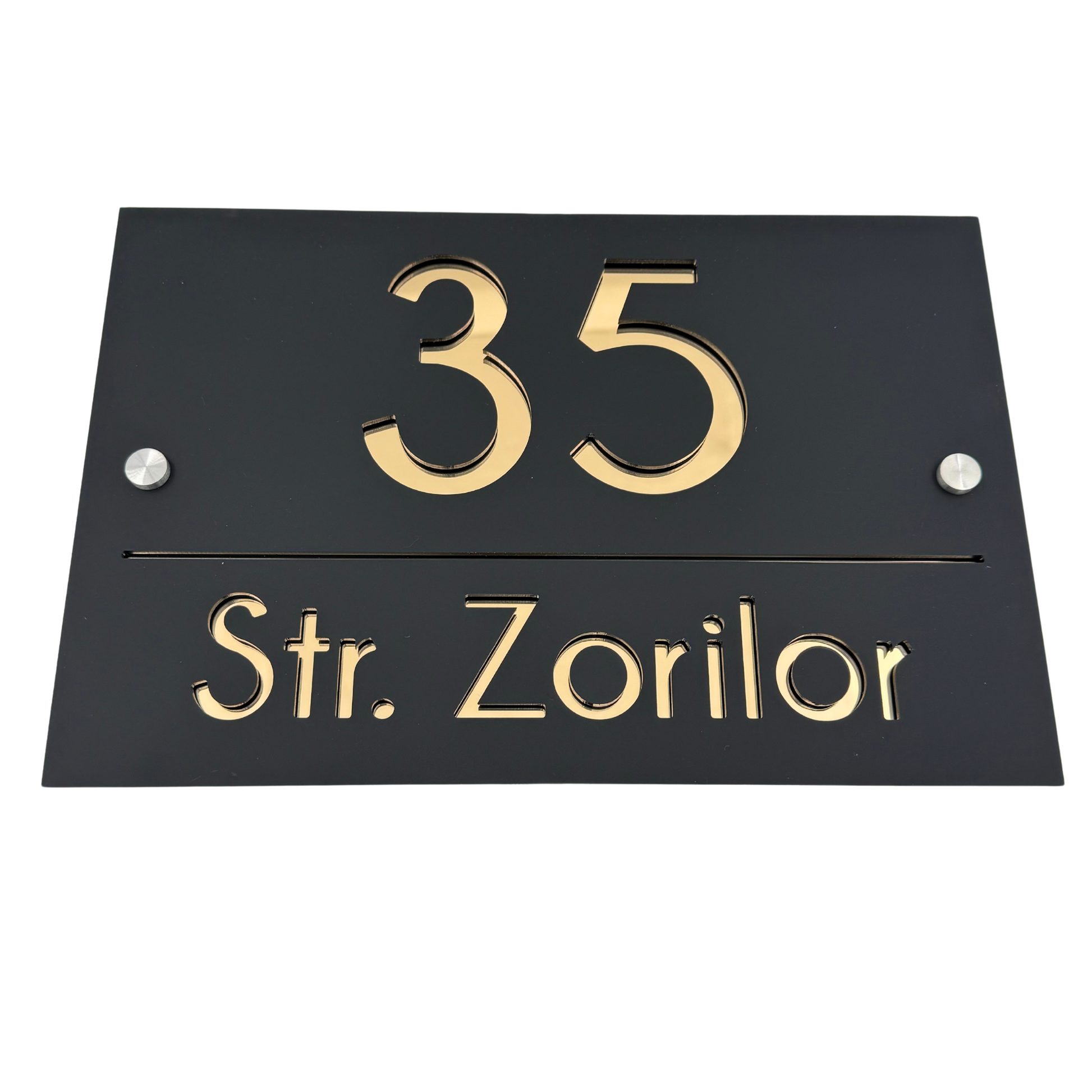PREMIUM HOUSE NUMBER - Satin Black Gold Mirror 2 Spacers Silver - 30×20 cm