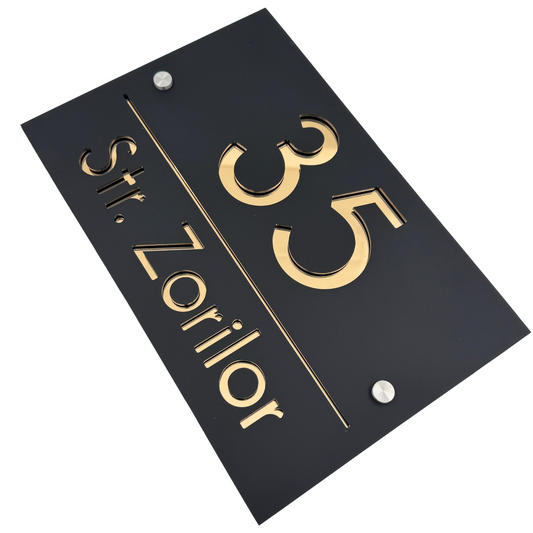 PREMIUM HOUSE NUMBER - Satin Black Gold Mirror 2 Spacers Silver - 30×20 cm
