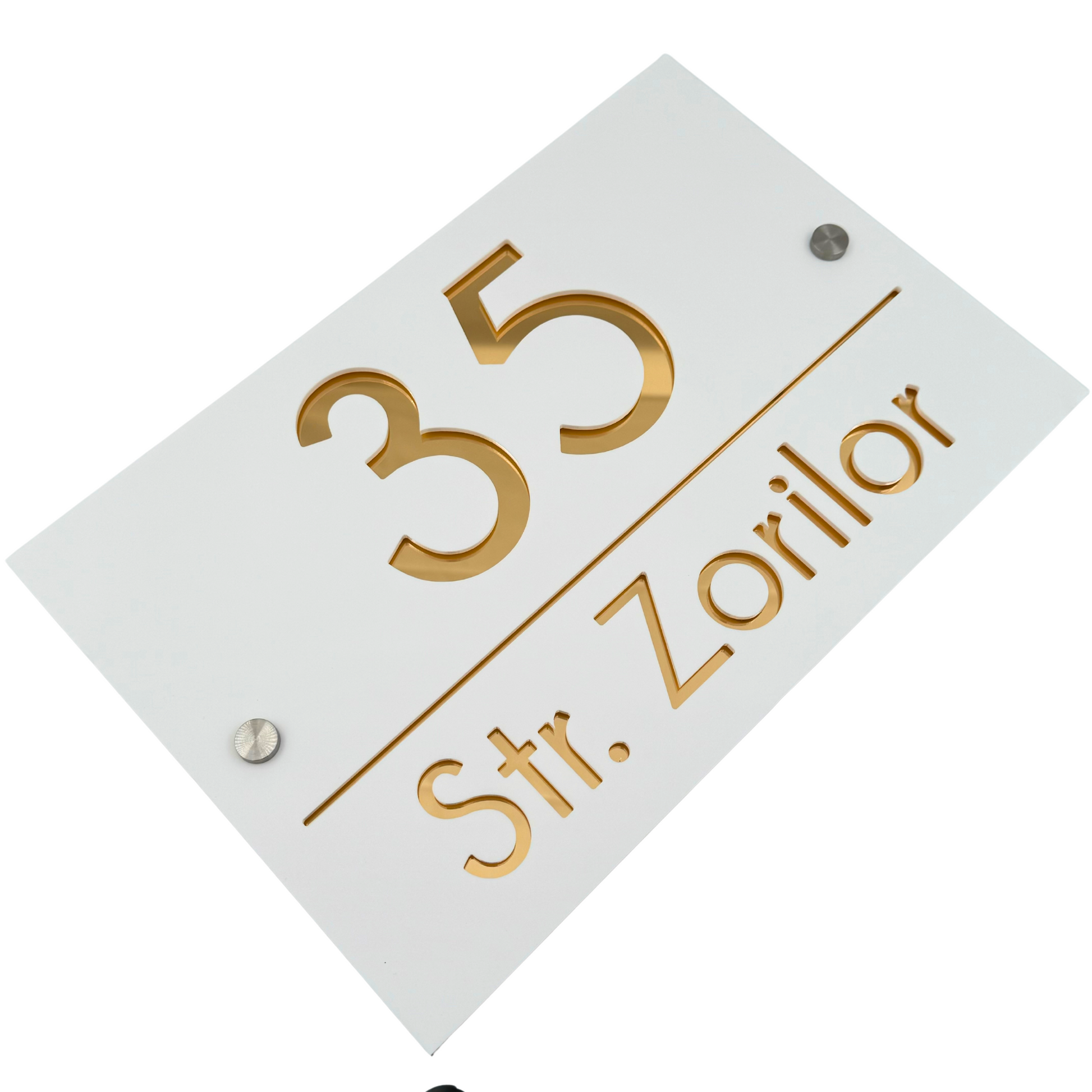 PREMIUM HOUSE NUMBER - White Satin Gold Mirror 2 Spacers Silver - 30×20 cm