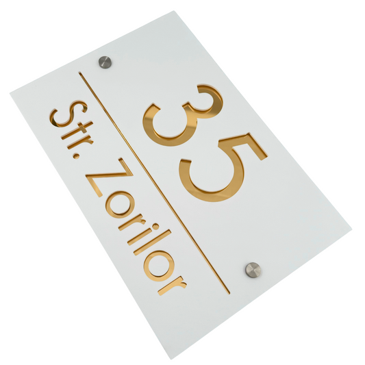 PREMIUM HOUSE NUMBER - White Satin Gold Mirror 2 Spacers Silver - 30×20 cm