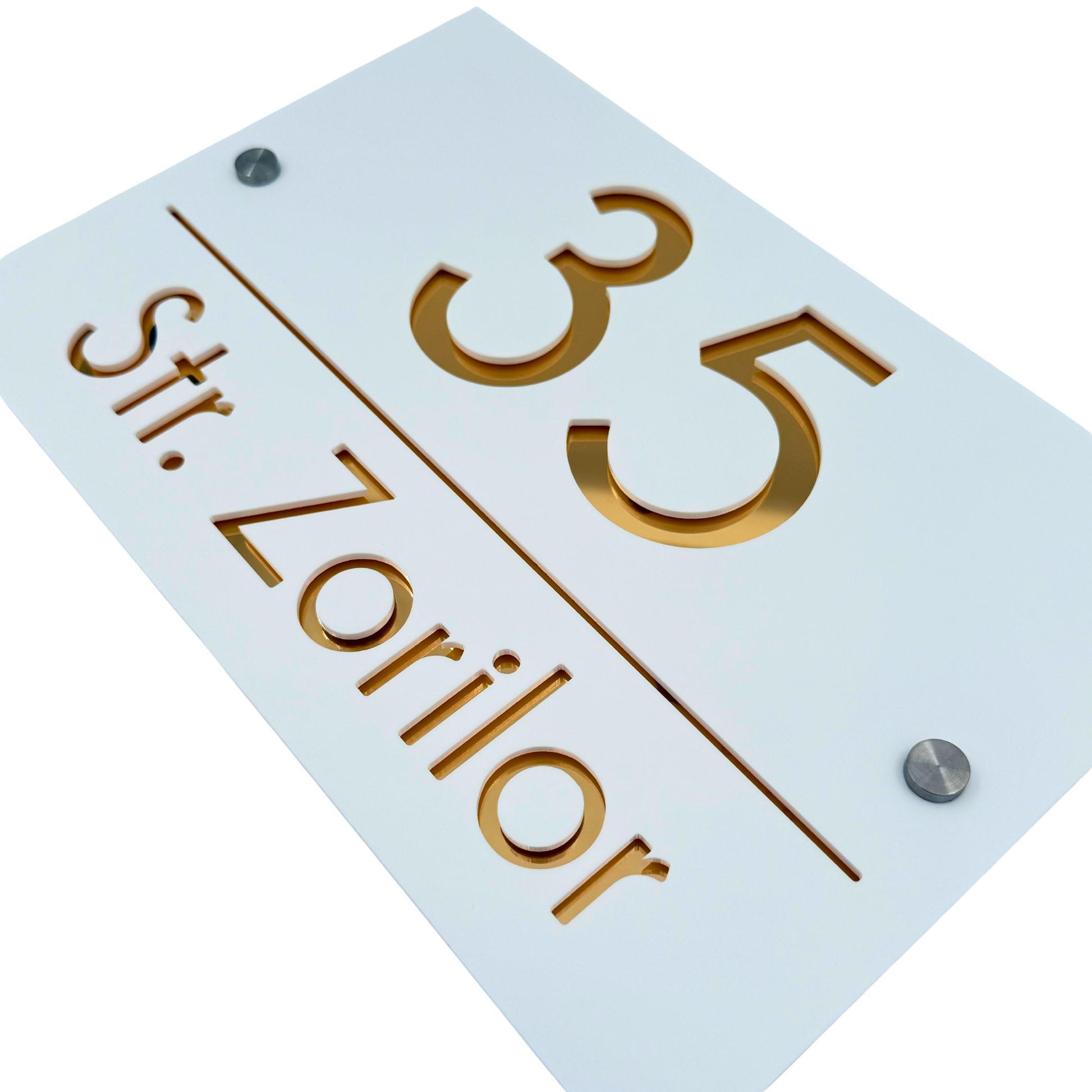PREMIUM HOUSE NUMBER - White Satin Gold Mirror 2 Spacers Silver - 30×20 cm