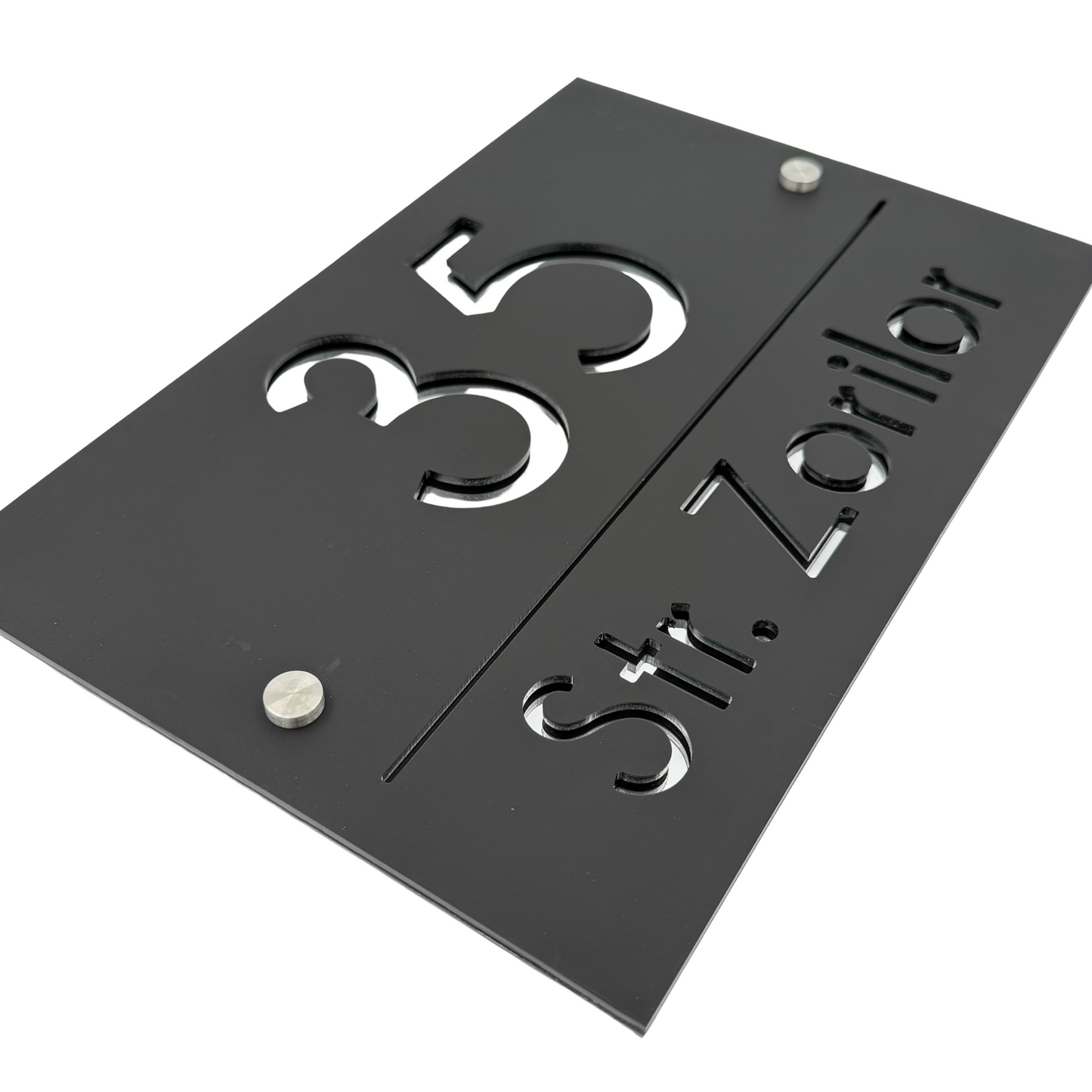 PREMIUM HOUSE NUMBER - Satin Black Silver Mirror 2 Spacers Silver - 30×20 cm