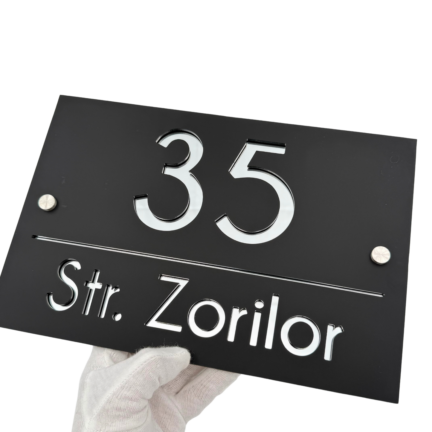 PREMIUM HOUSE NUMBER - Satin Black Silver Mirror 2 Spacers Silver - 30×20 cm