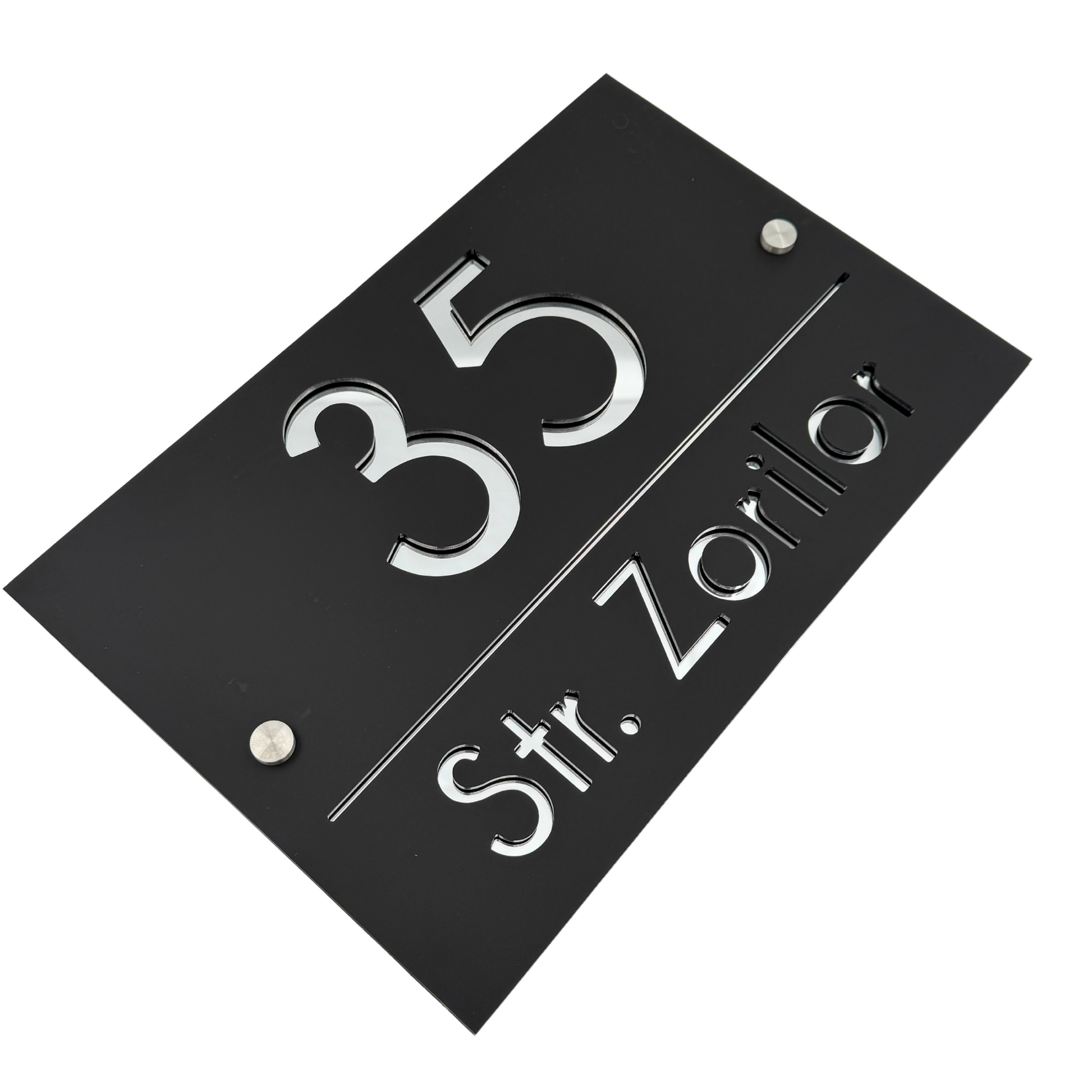PREMIUM HOUSE NUMBER - Satin Black Silver Mirror 2 Spacers Silver - 30×20 cm