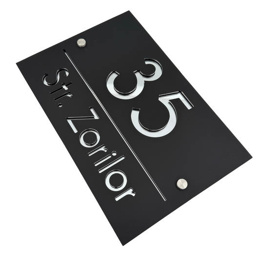PREMIUM HOUSE NUMBER - Satin Black Silver Mirror 2 Spacers Silver - 30×20 cm
