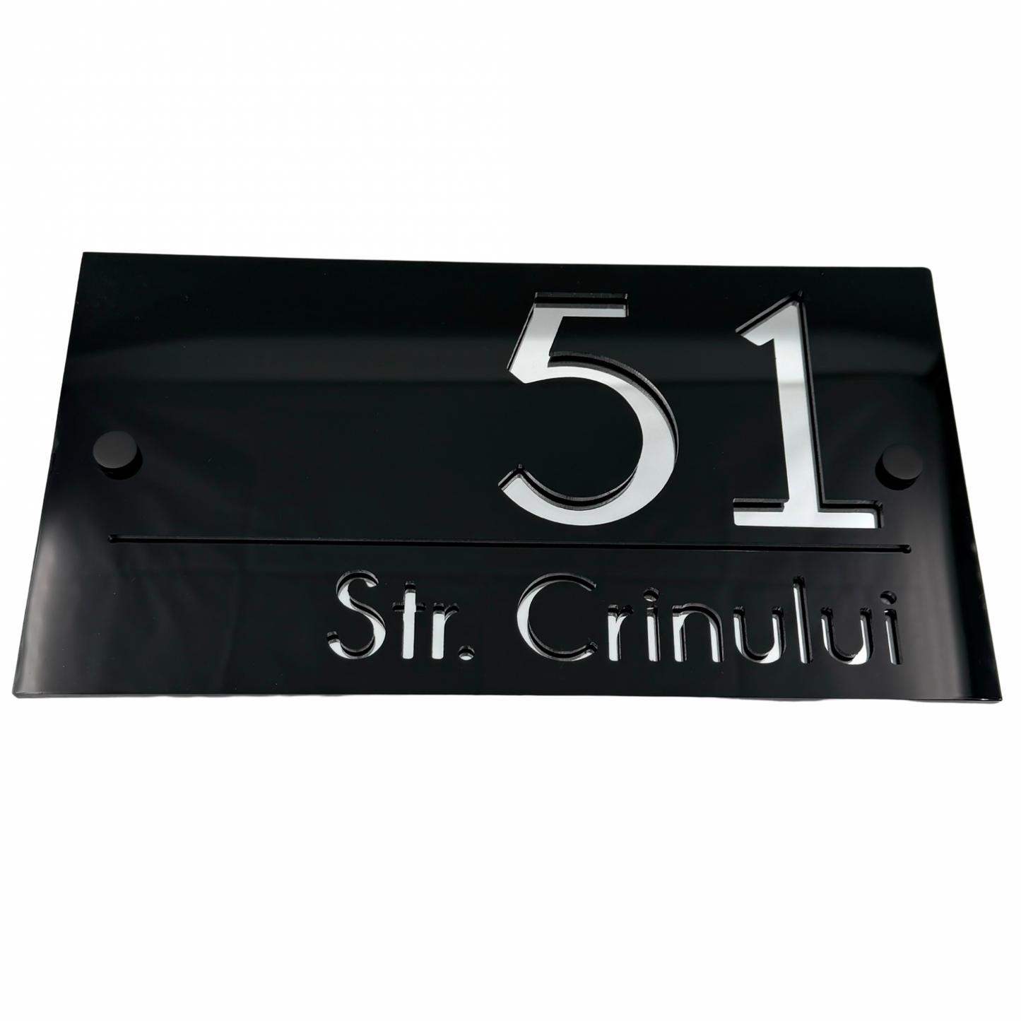 PREMIUM HOUSE NUMBER - Glossy Black Silver Mirror 2 Spacers NeGreyi - 28×15 cm