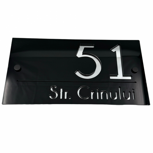 PREMIUM HOUSE NUMBER - Glossy Black Silver Mirror 2 Spacers NeGreyi - 28×15 cm