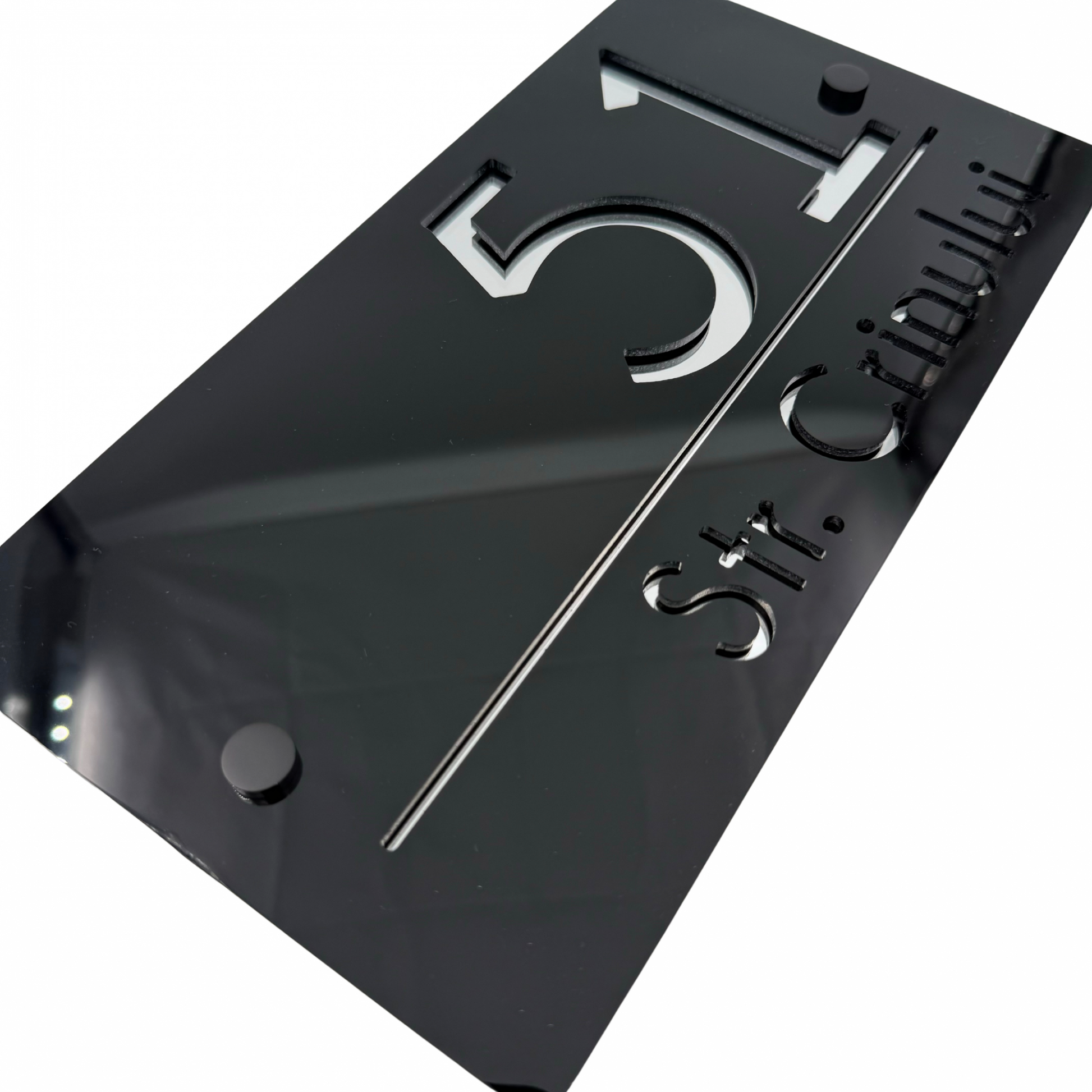 PREMIUM HOUSE NUMBER - Glossy Black Silver Mirror 2 Spacers NeGreyi - 28×15 cm