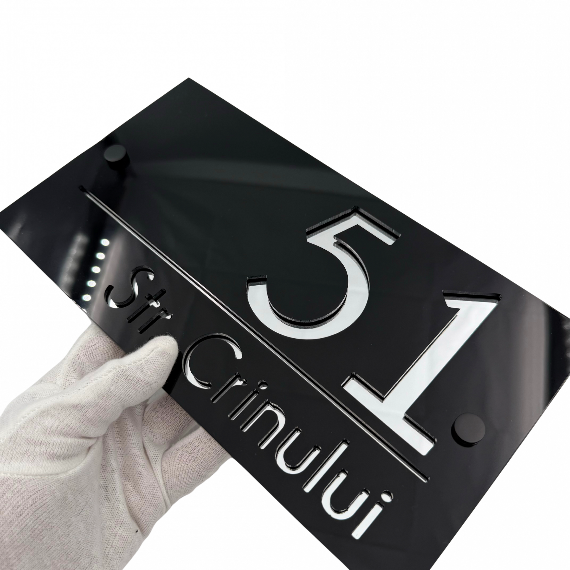 PREMIUM HOUSE NUMBER - Glossy Black Silver Mirror 2 Spacers NeGreyi - 28×15 cm