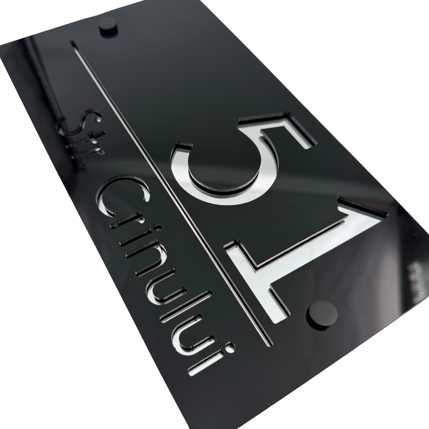 PREMIUM HOUSE NUMBER - Glossy Black Silver Mirror 2 Spacers NeGreyi - 28×15 cm