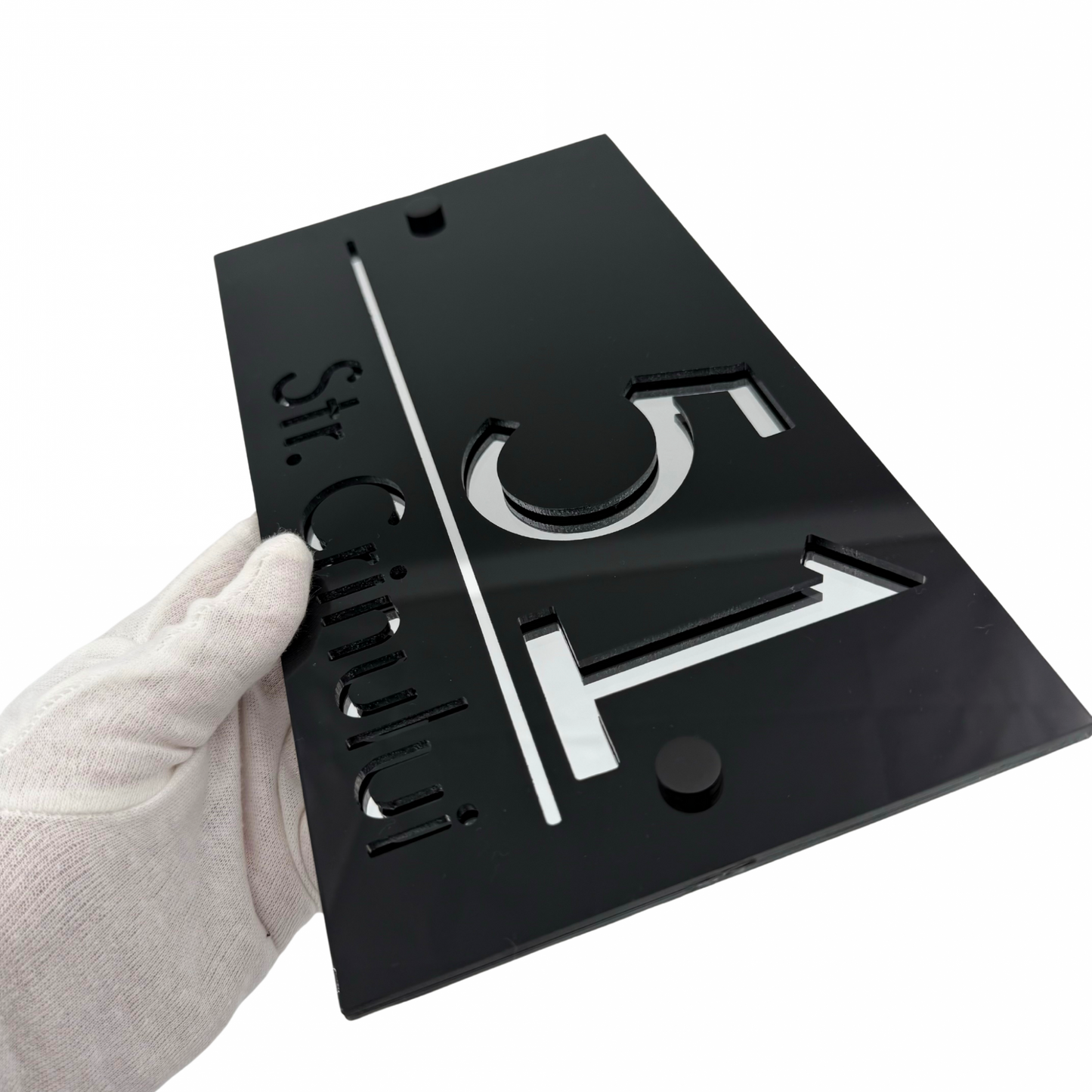 PREMIUM HOUSE NUMBER - Glossy Black Silver Mirror 2 Spacers NeGreyi - 28×15 cm
