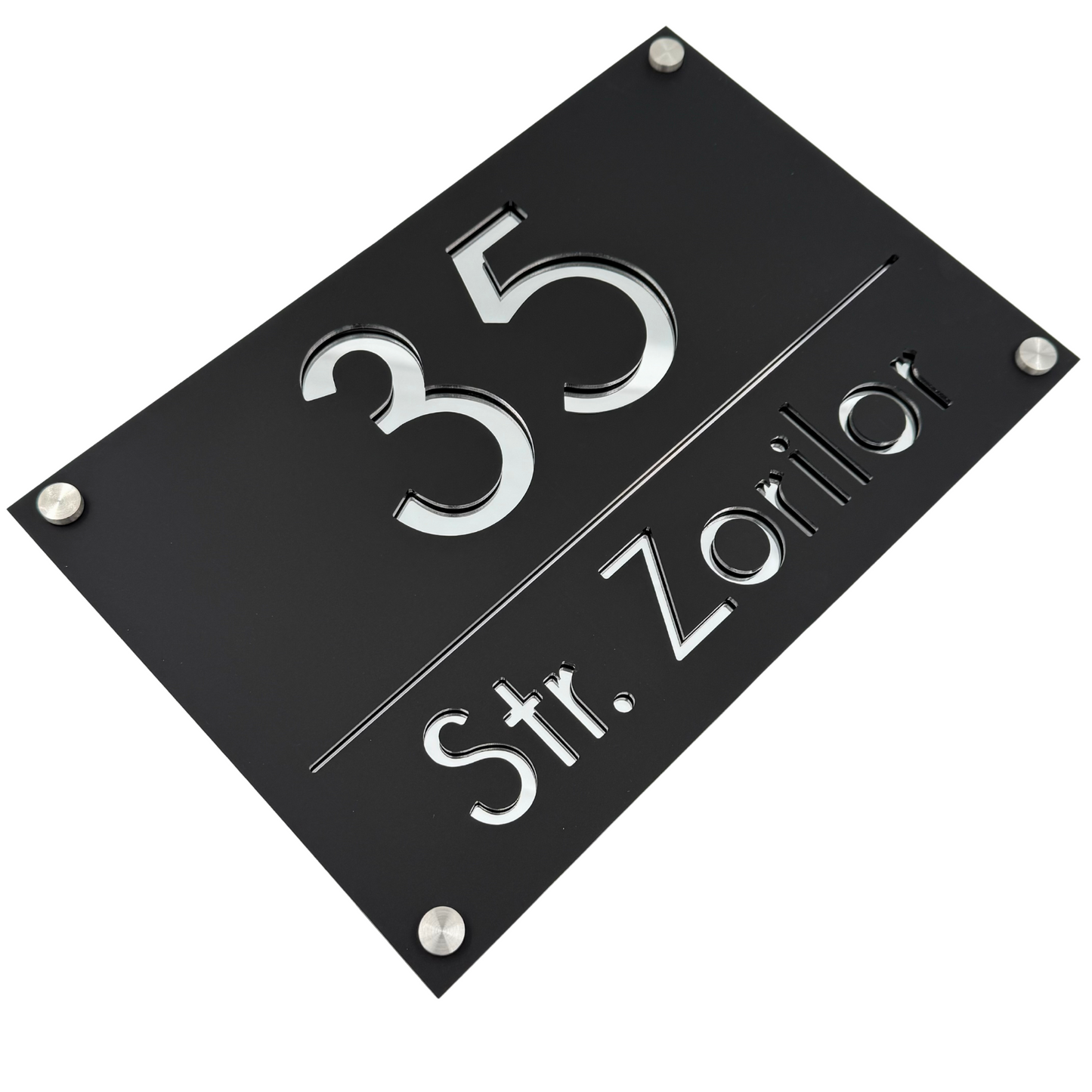 PREMIUM HOUSE NUMBER - Satin Black Silver Mirror 4 Spacers Silver - 30×20 cm