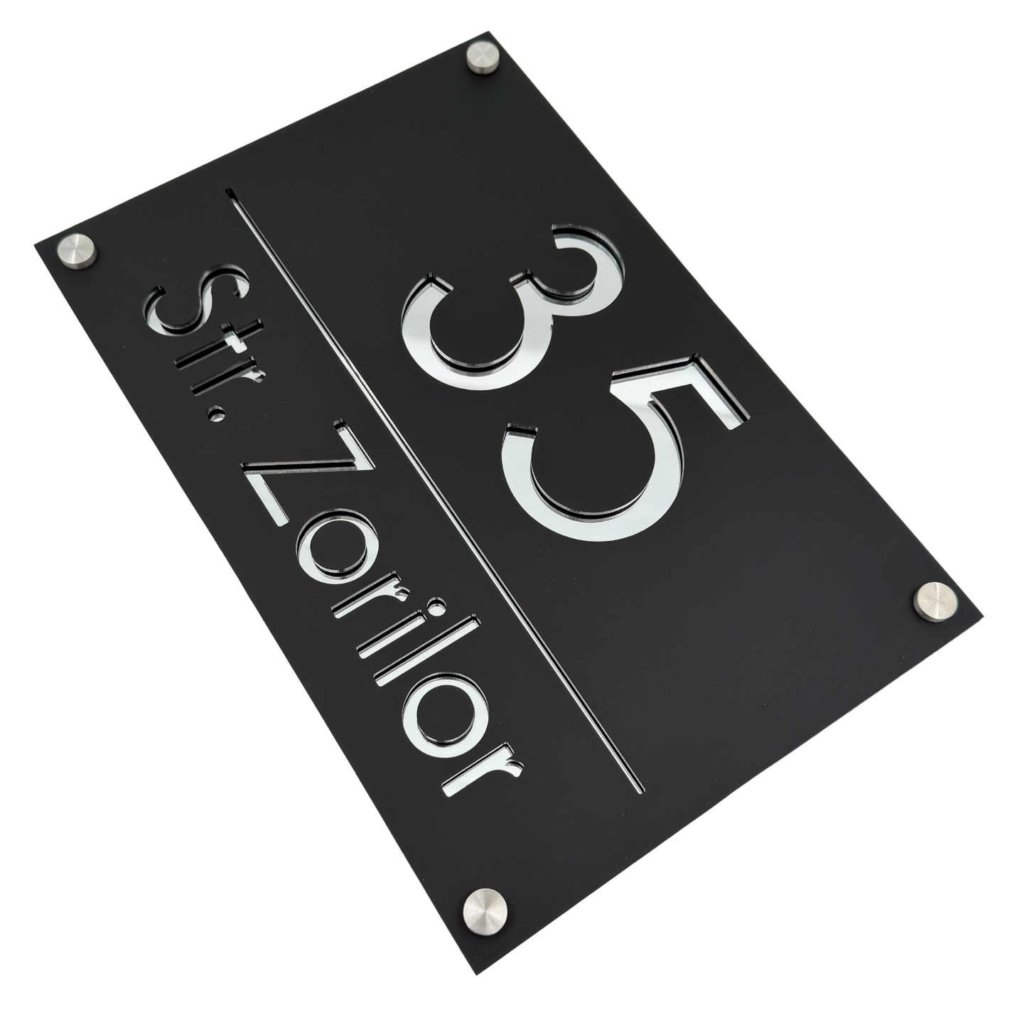 PREMIUM HOUSE NUMBER - Satin Black Silver Mirror 4 Spacers Silver - 30×20 cm