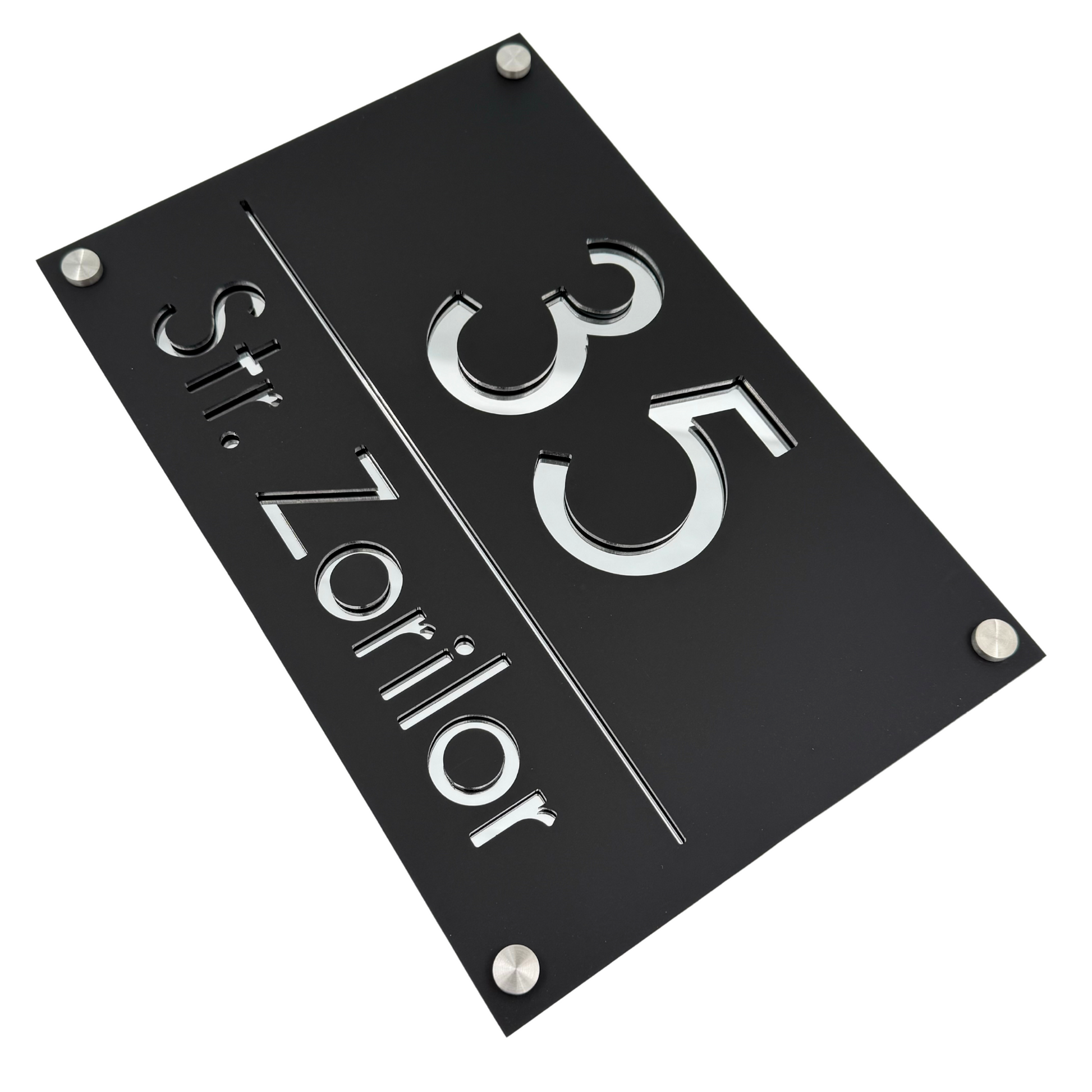 PREMIUM HOUSE NUMBER - Satin Black Silver Mirror 4 Spacers Silver - 30×20 cm