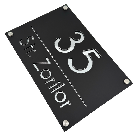 PREMIUM HOUSE NUMBER - Satin Black Silver Mirror 4 Spacers Silver - 30×20 cm