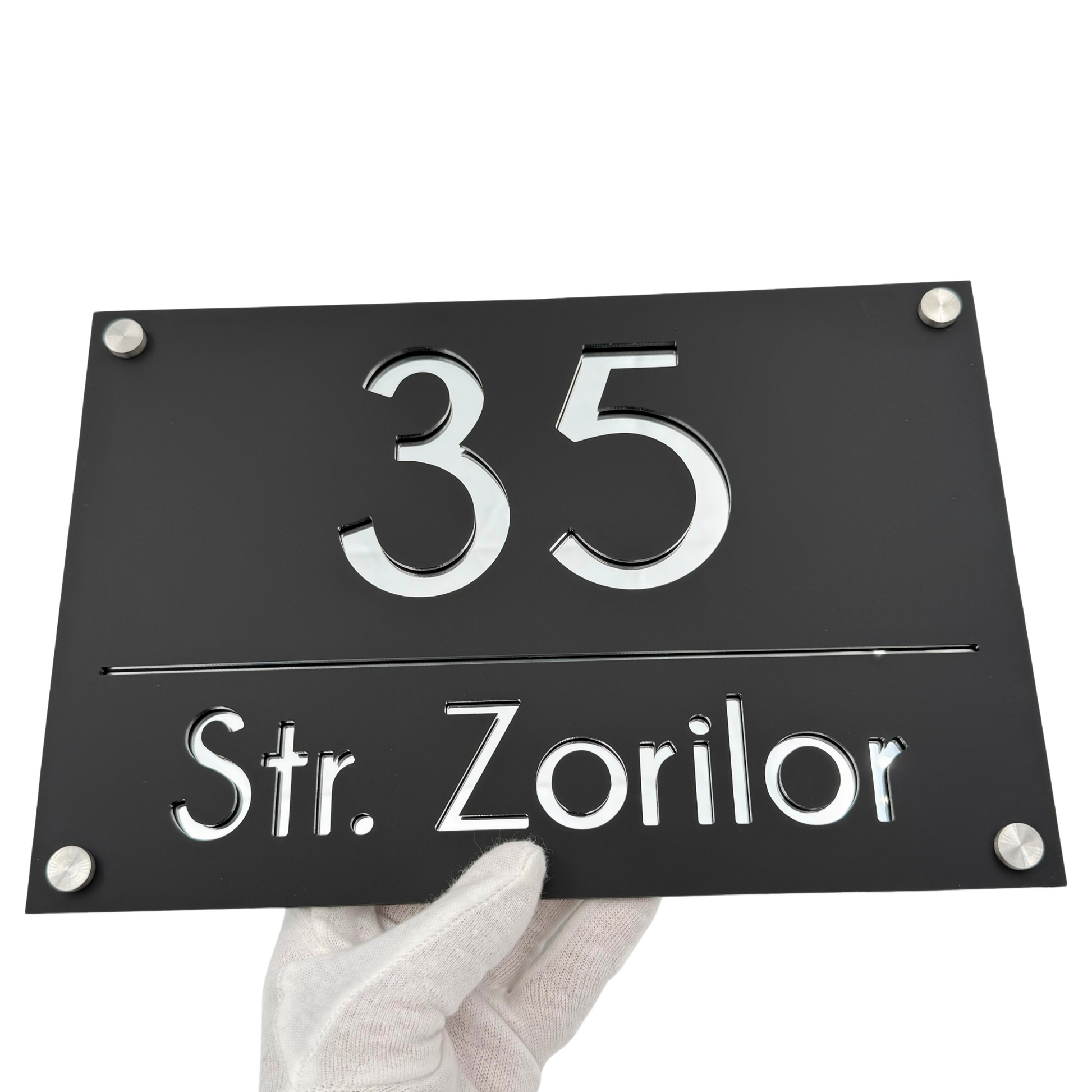 PREMIUM HOUSE NUMBER - Satin Black Silver Mirror 4 Spacers Silver - 30×20 cm
