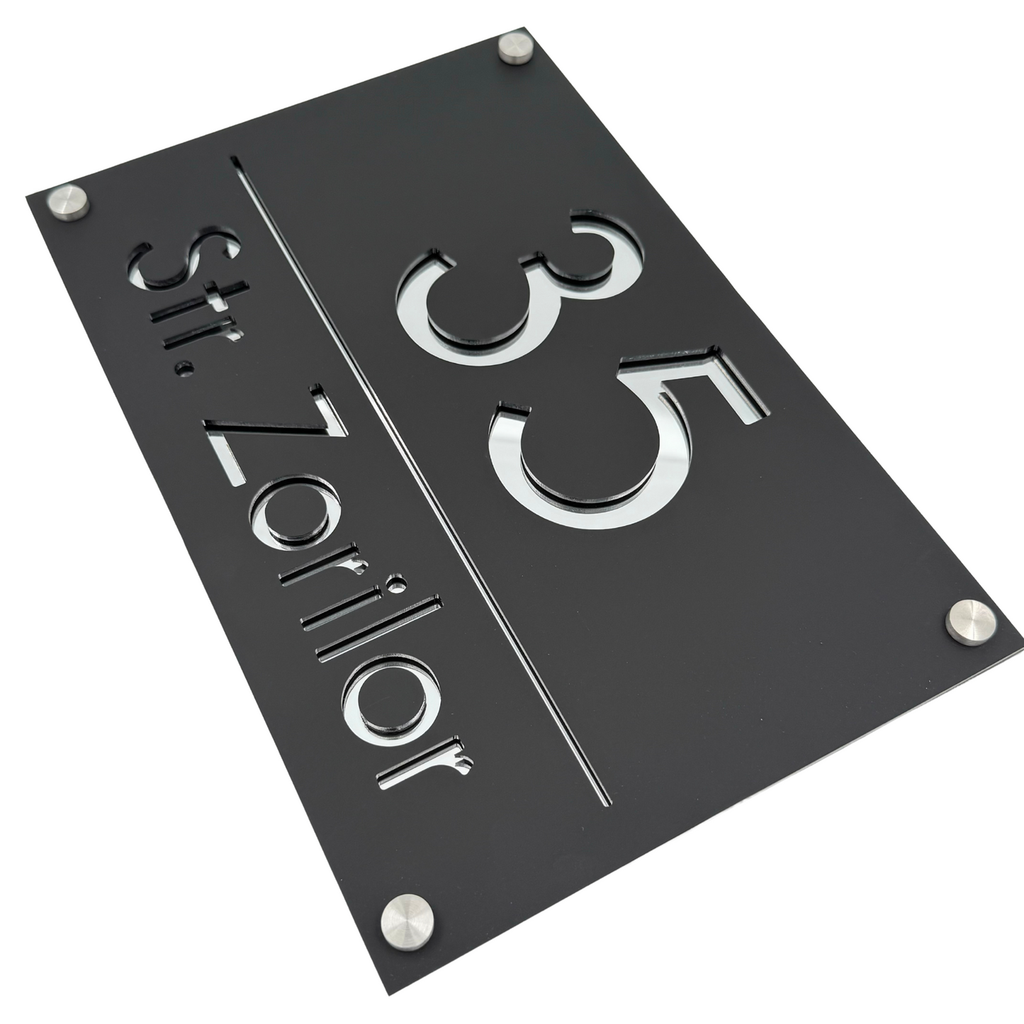 PREMIUM HOUSE NUMBER - Satin Black Silver Mirror 4 Spacers Silver - 30×20 cm