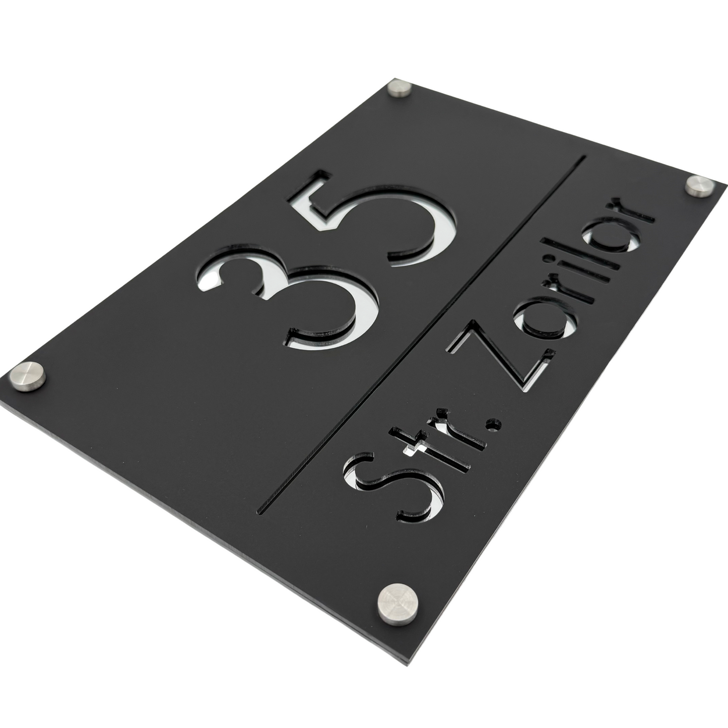 PREMIUM HOUSE NUMBER - Satin Black Silver Mirror 4 Spacers Silver - 30×20 cm