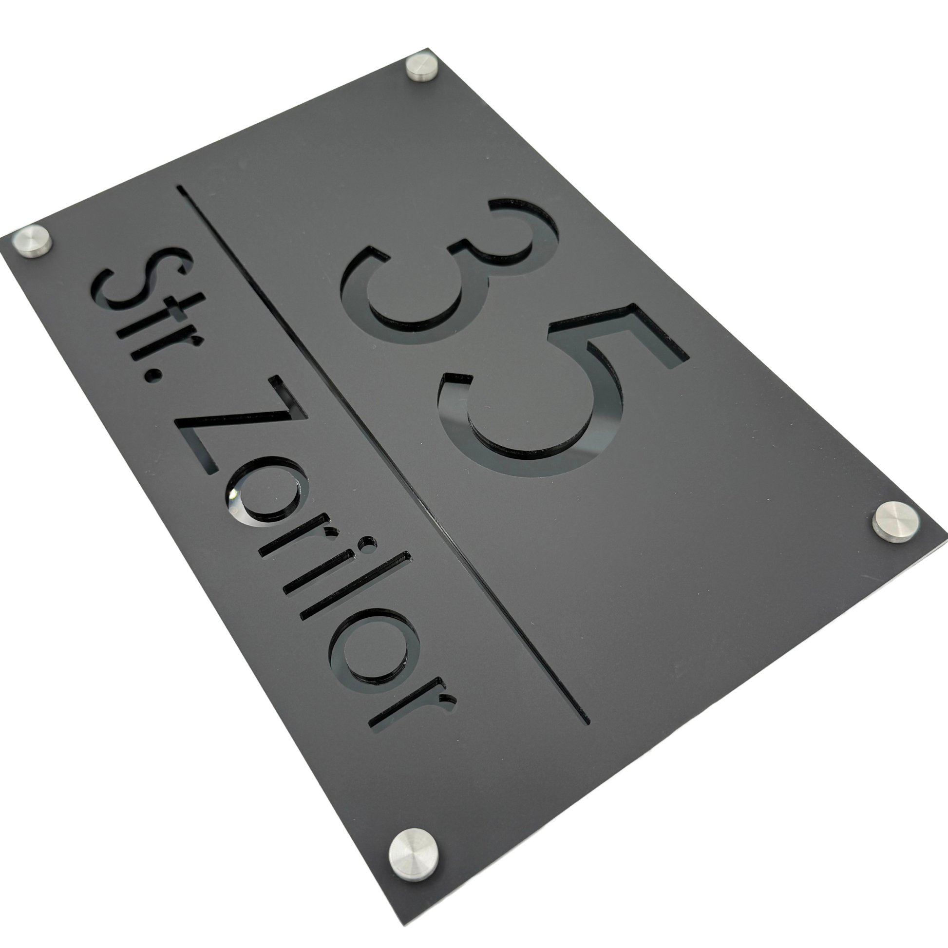 PREMIUM HOUSE NUMBER - Satin Black Glossy Black 4 Spacers Silver - 30×20 cm
