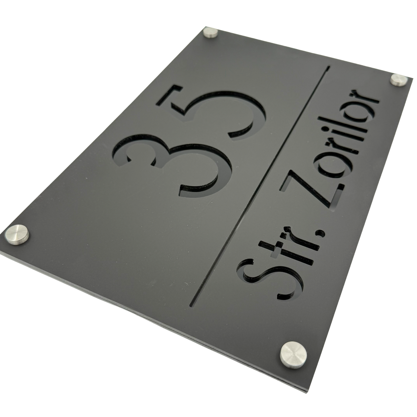 PREMIUM HOUSE NUMBER - Satin Black Glossy Black 4 Spacers Silver - 30×20 cm
