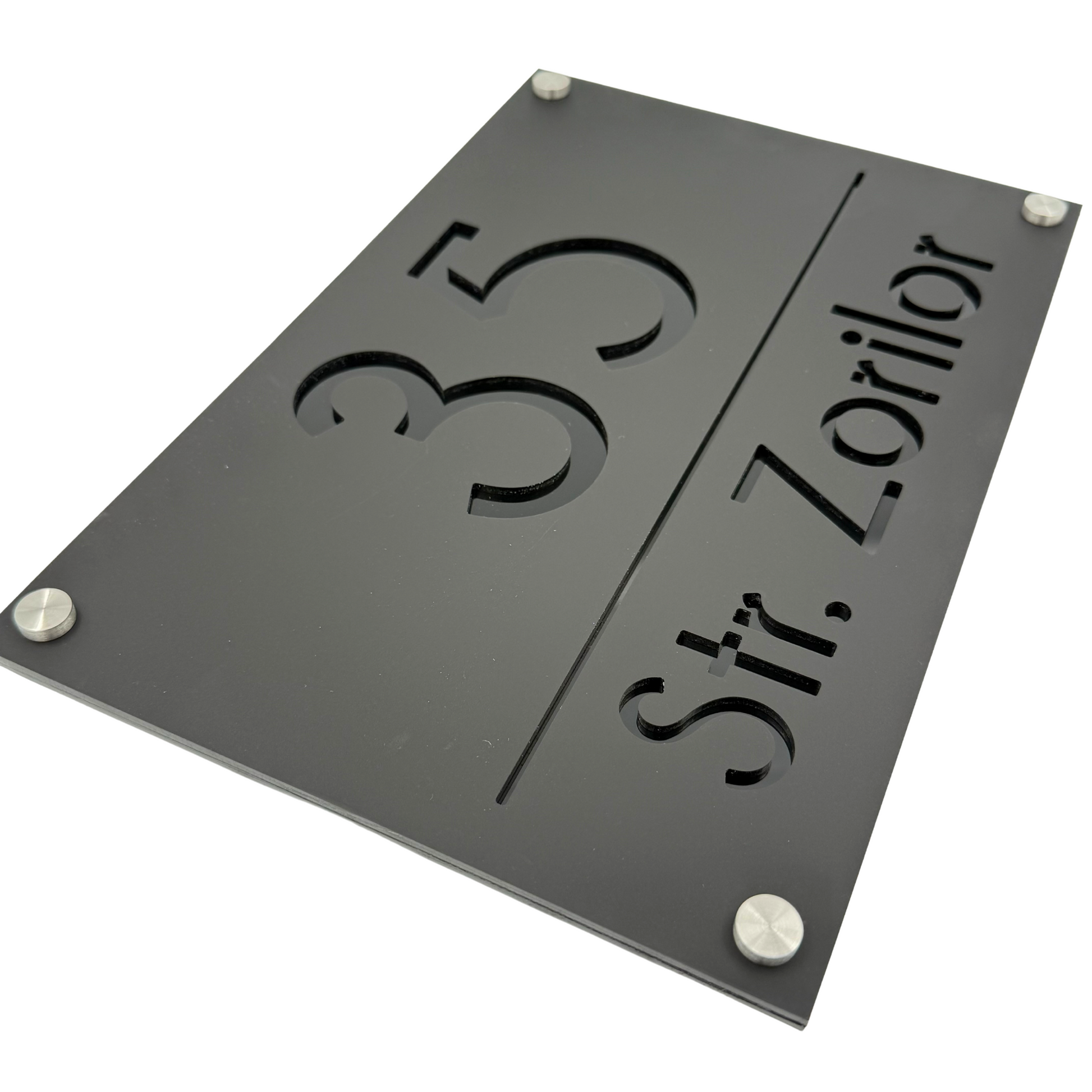 PREMIUM HOUSE NUMBER - Satin Black Glossy Black 4 Spacers Silver - 30×20 cm