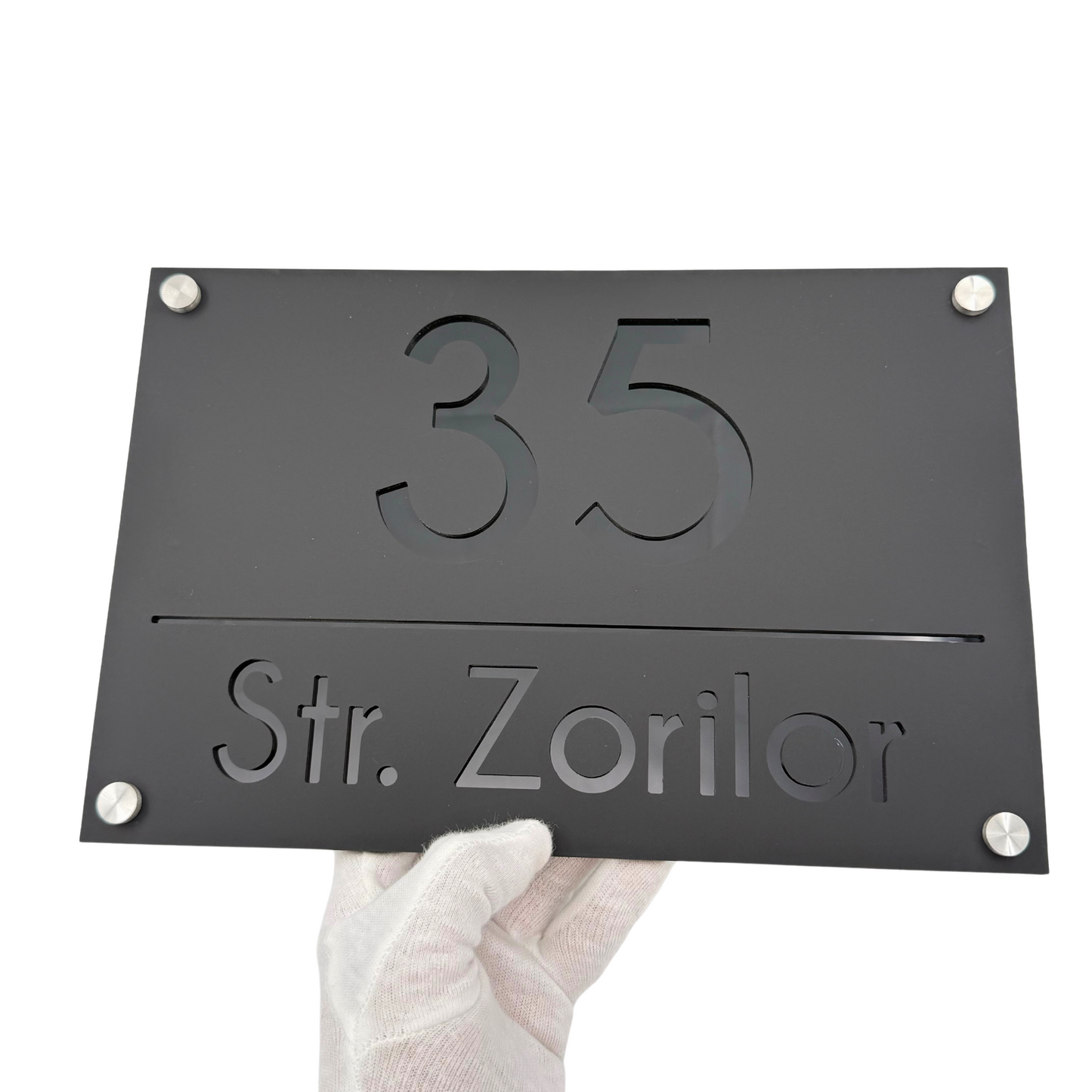 PREMIUM HOUSE NUMBER - Satin Black Glossy Black 4 Spacers Silver - 30×20 cm