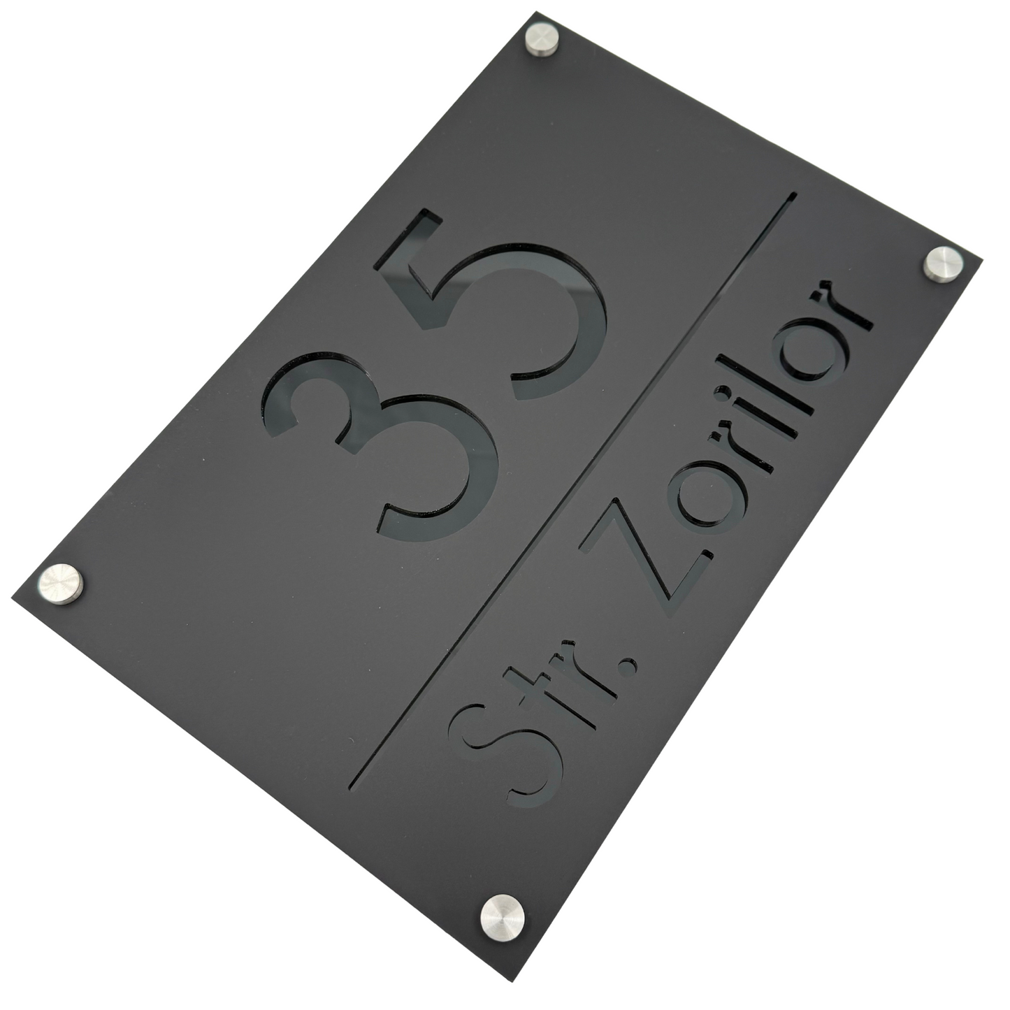 PREMIUM HOUSE NUMBER - Satin Black Glossy Black 4 Spacers Silver - 30×20 cm