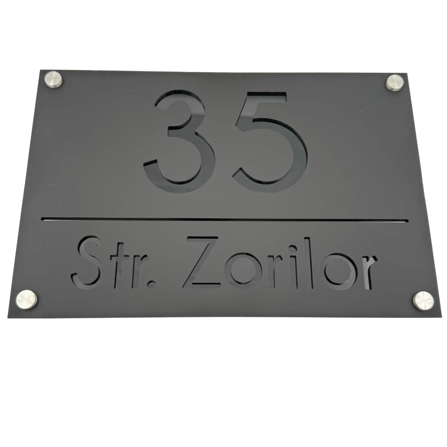 PREMIUM HOUSE NUMBER - Satin Black Glossy Black 4 Spacers Silver - 30×20 cm