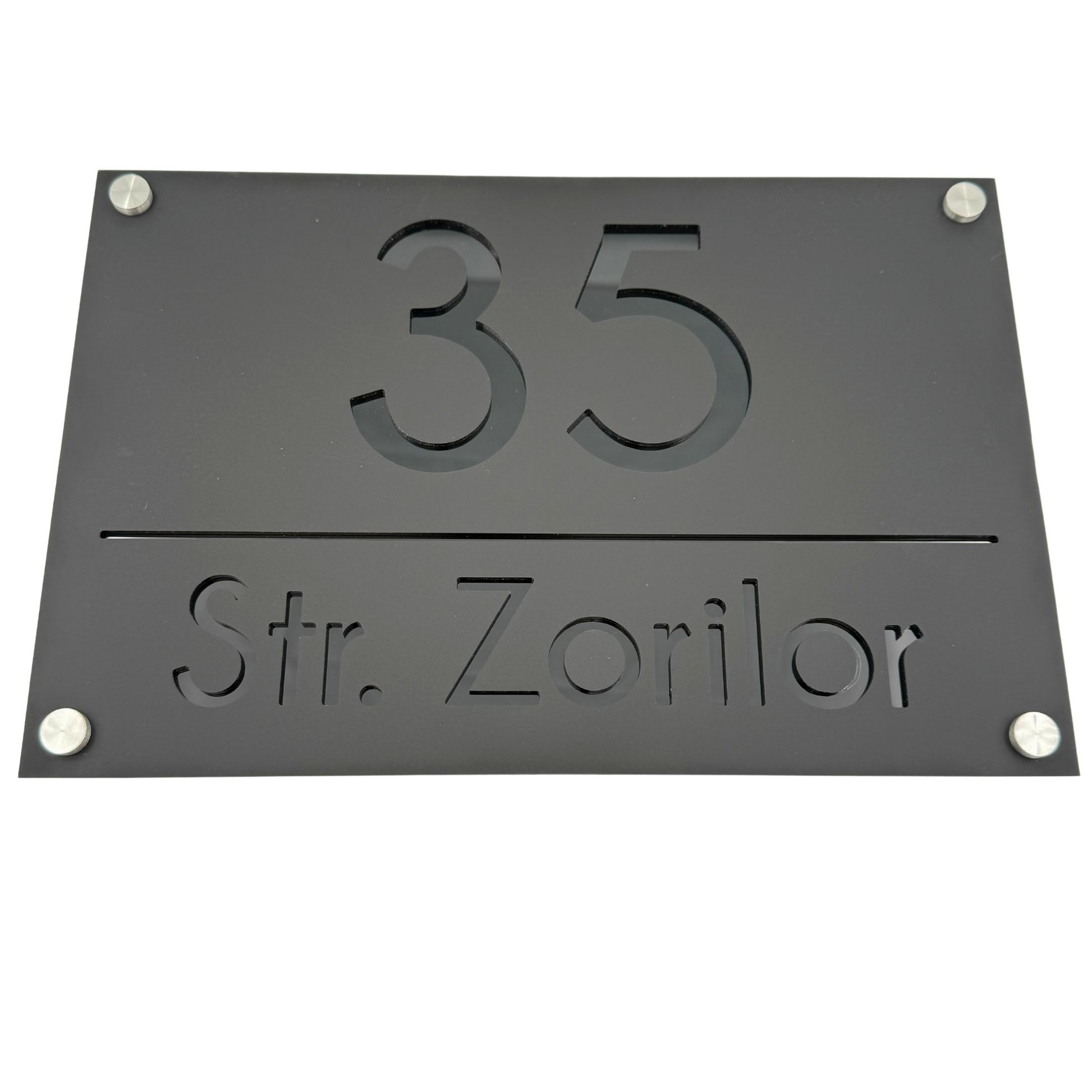 PREMIUM HOUSE NUMBER - Satin Black Glossy Black 4 Spacers Silver - 30×20 cm