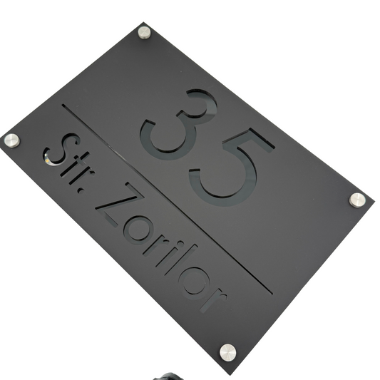 PREMIUM HOUSE NUMBER - Satin Black Glossy Black 4 Spacers Silver - 30×20 cm