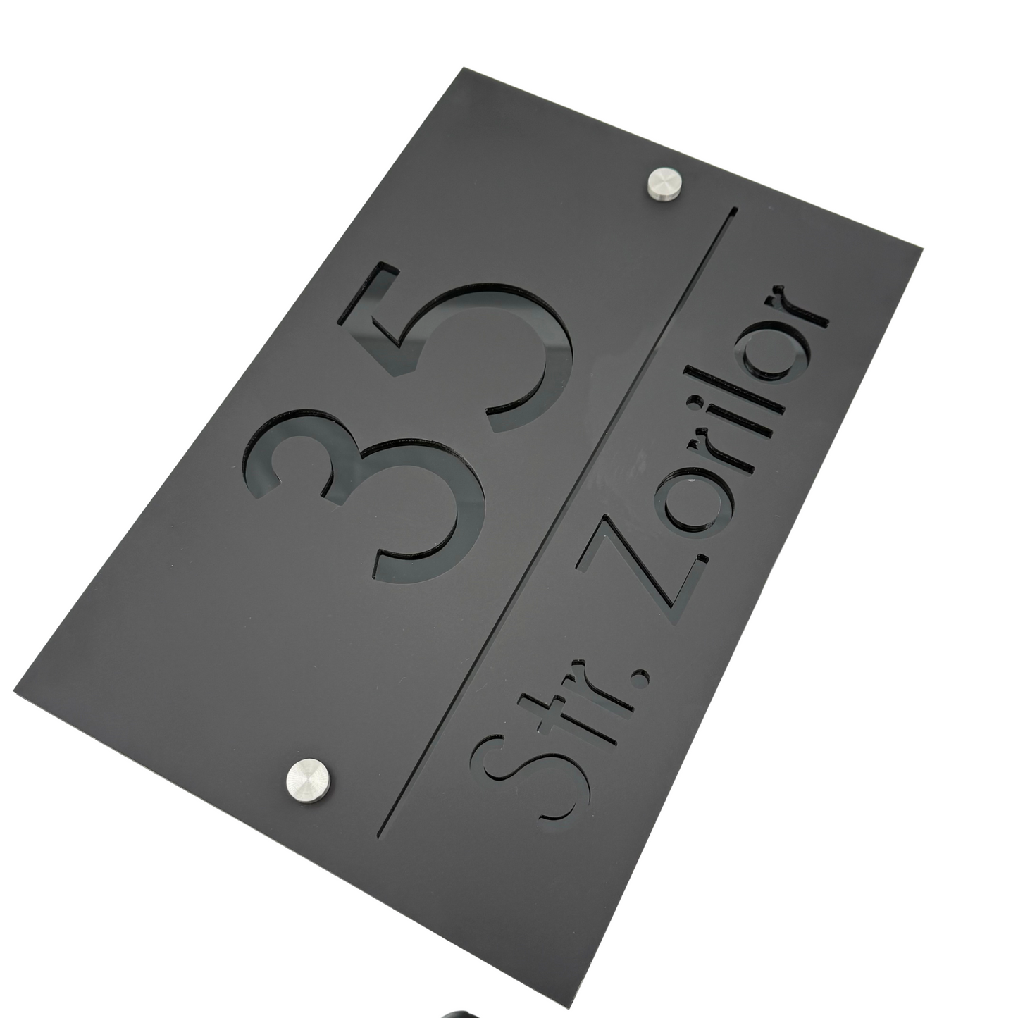 PREMIUM HOUSE NUMBER - Satin Black Glossy Black 2 Spacers Silver - 30×20 cm