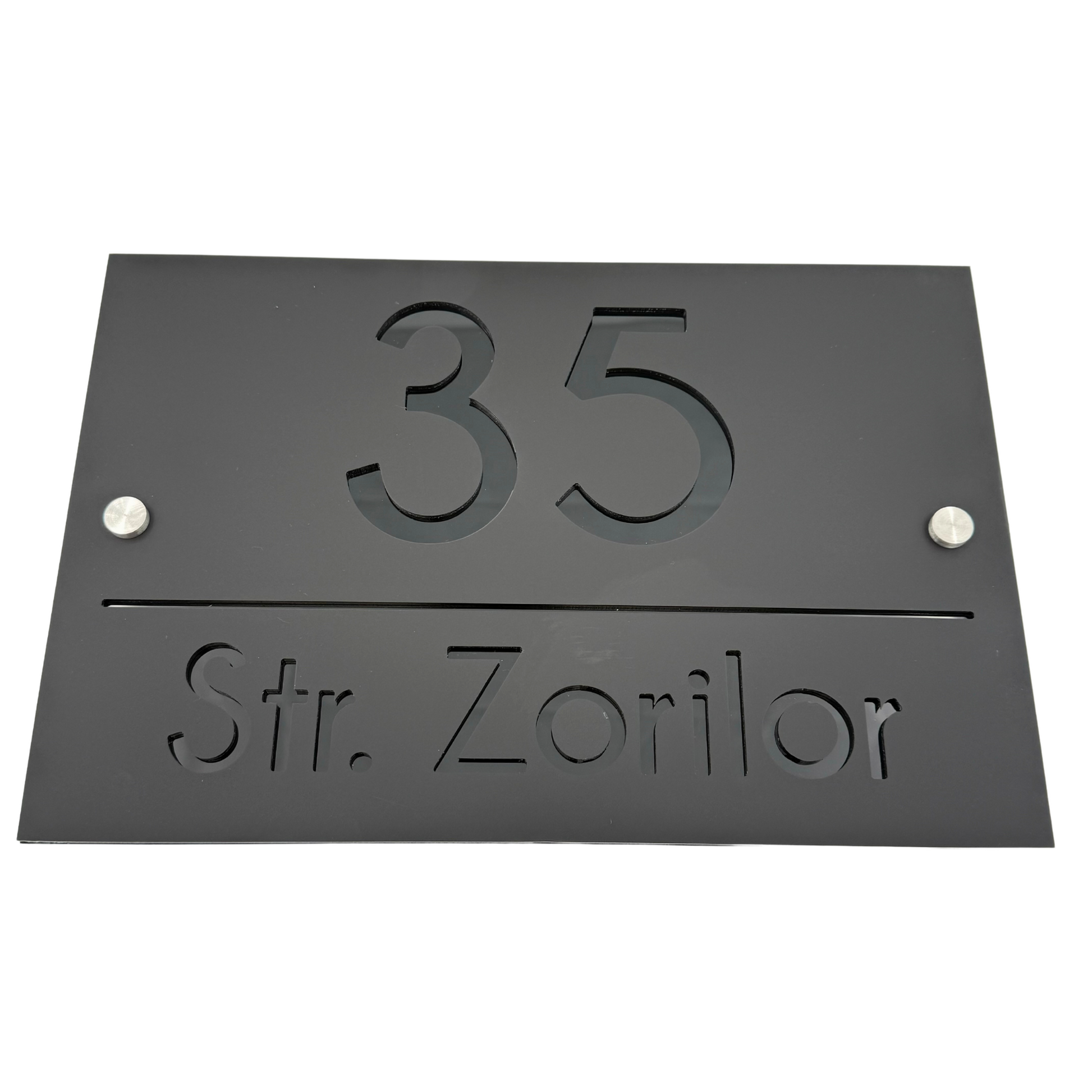 PREMIUM HOUSE NUMBER - Satin Black Glossy Black 2 Spacers Silver - 30×20 cm