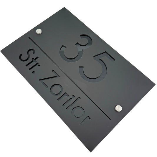 PREMIUM HOUSE NUMBER - Satin Black Glossy Black 2 Spacers Silver - 30×20 cm